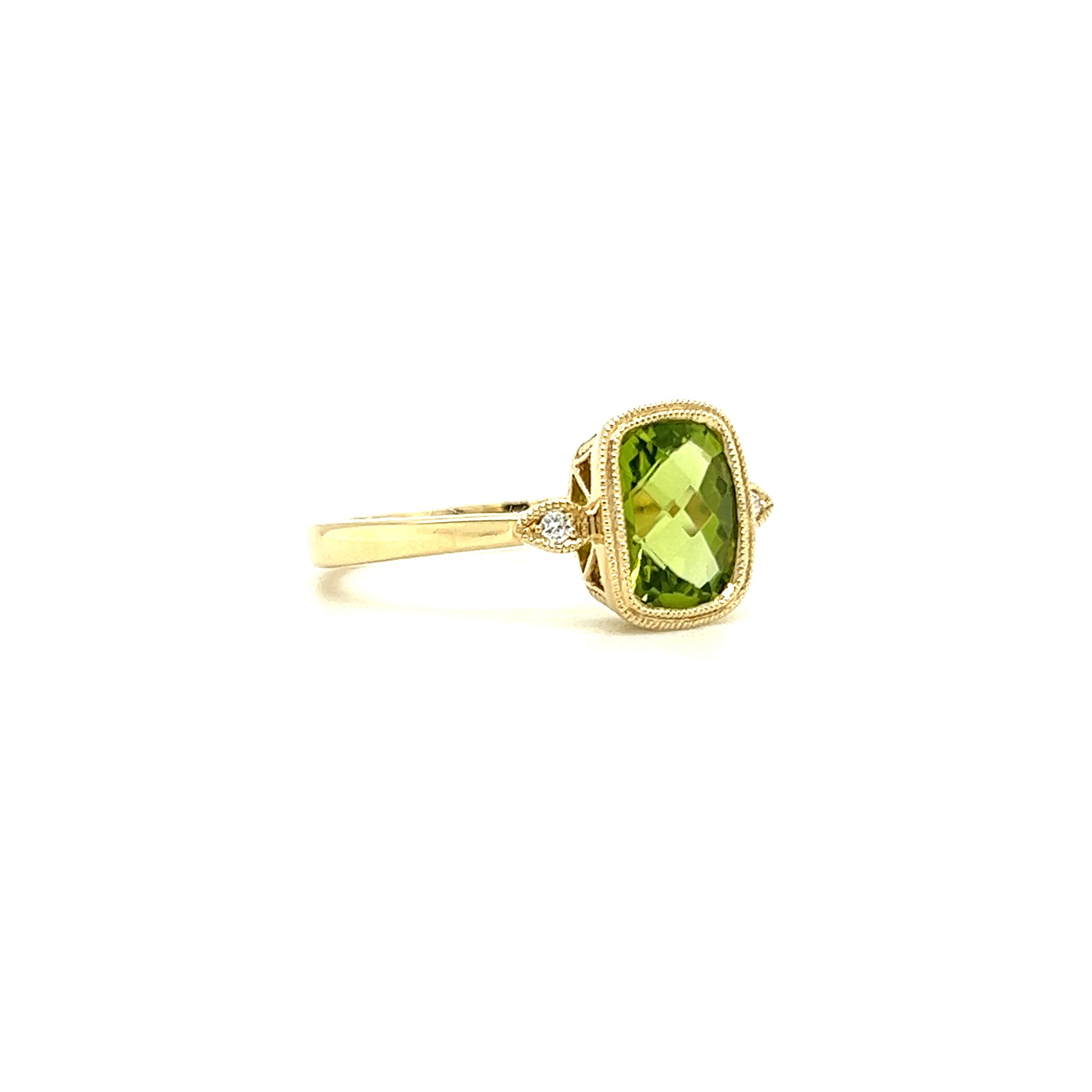 Cushion Peridot Ring with Two Side Diamonds in 14K Yellow Gold Left Side View