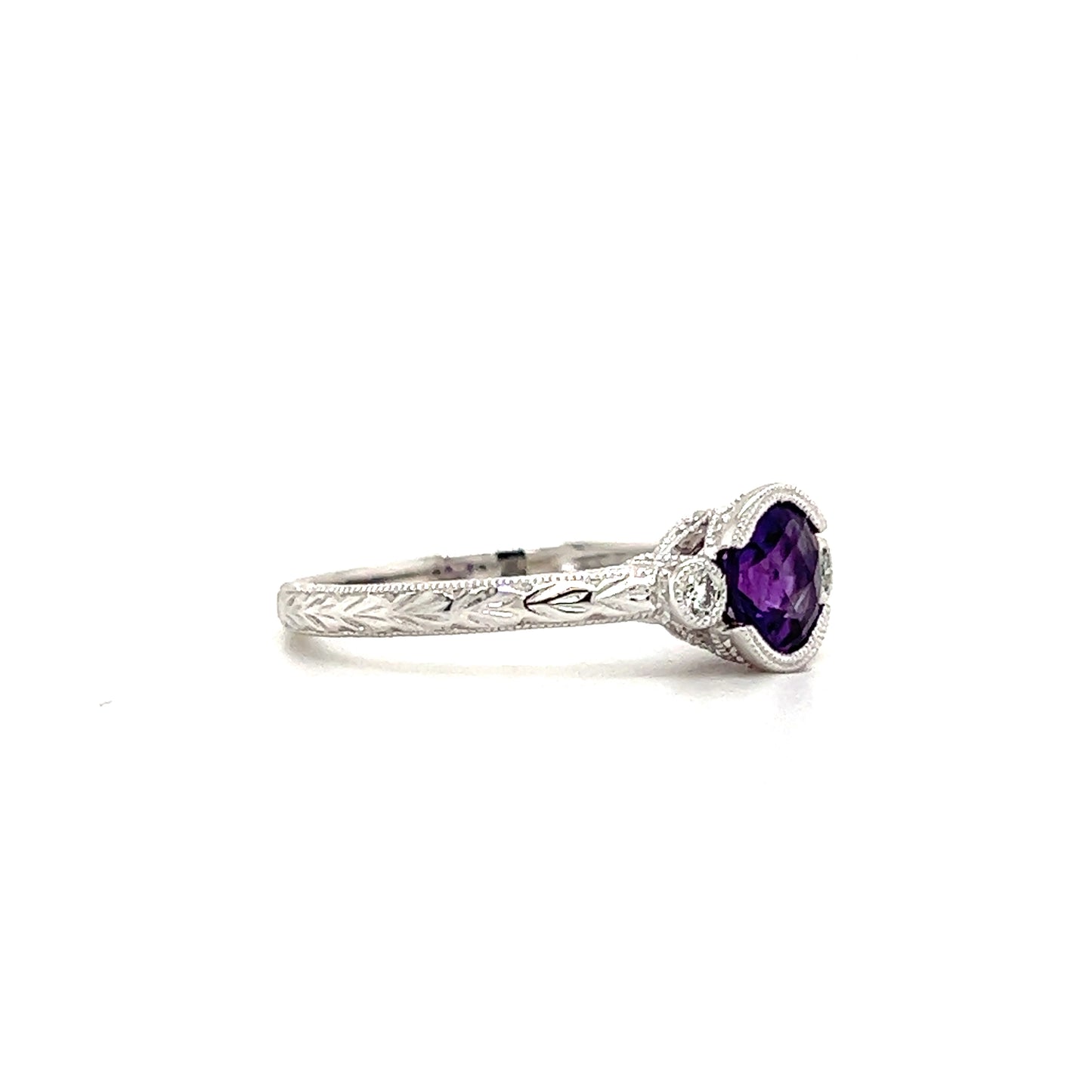 Amethyst Engraved Ring with Two Side Diamonds in 14K White Gold Left Side View