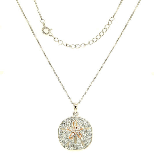 Sand Dollar Necklace With White Crystals and Rose Gold Plating in Sterling Silver Full Necklace View