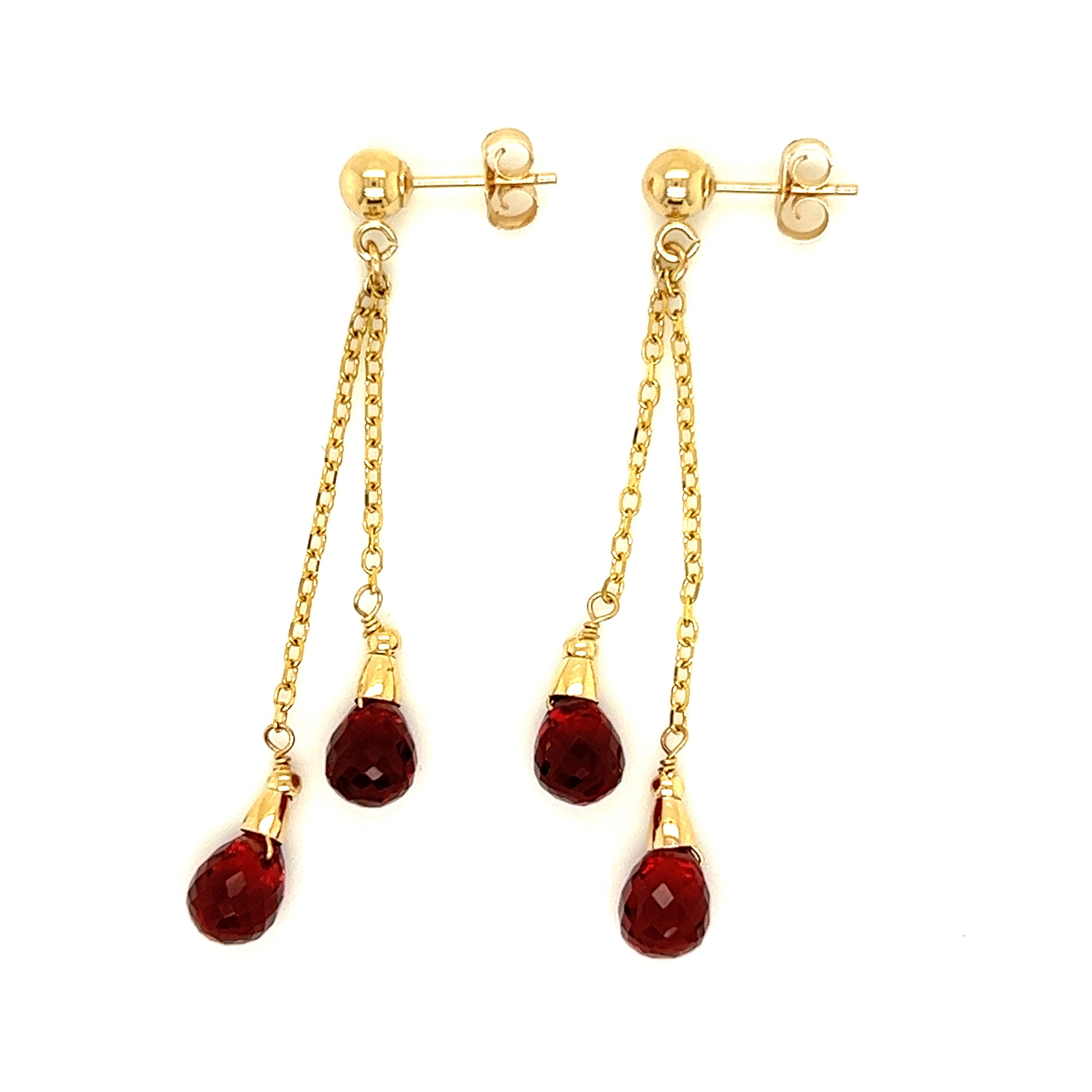 Teardrop Dangle Earrings with Four Garnets in 14K Yellow Gold Top Right Side View