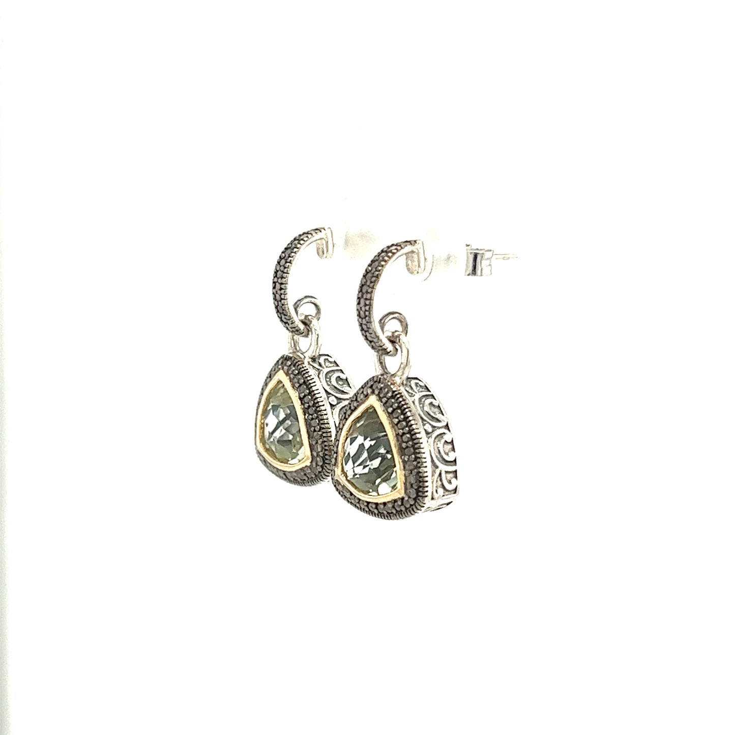 Trillion Green Quartz Dangle Earrings with 14K Yellow Gold Accent in Sterling Silver Right Side View