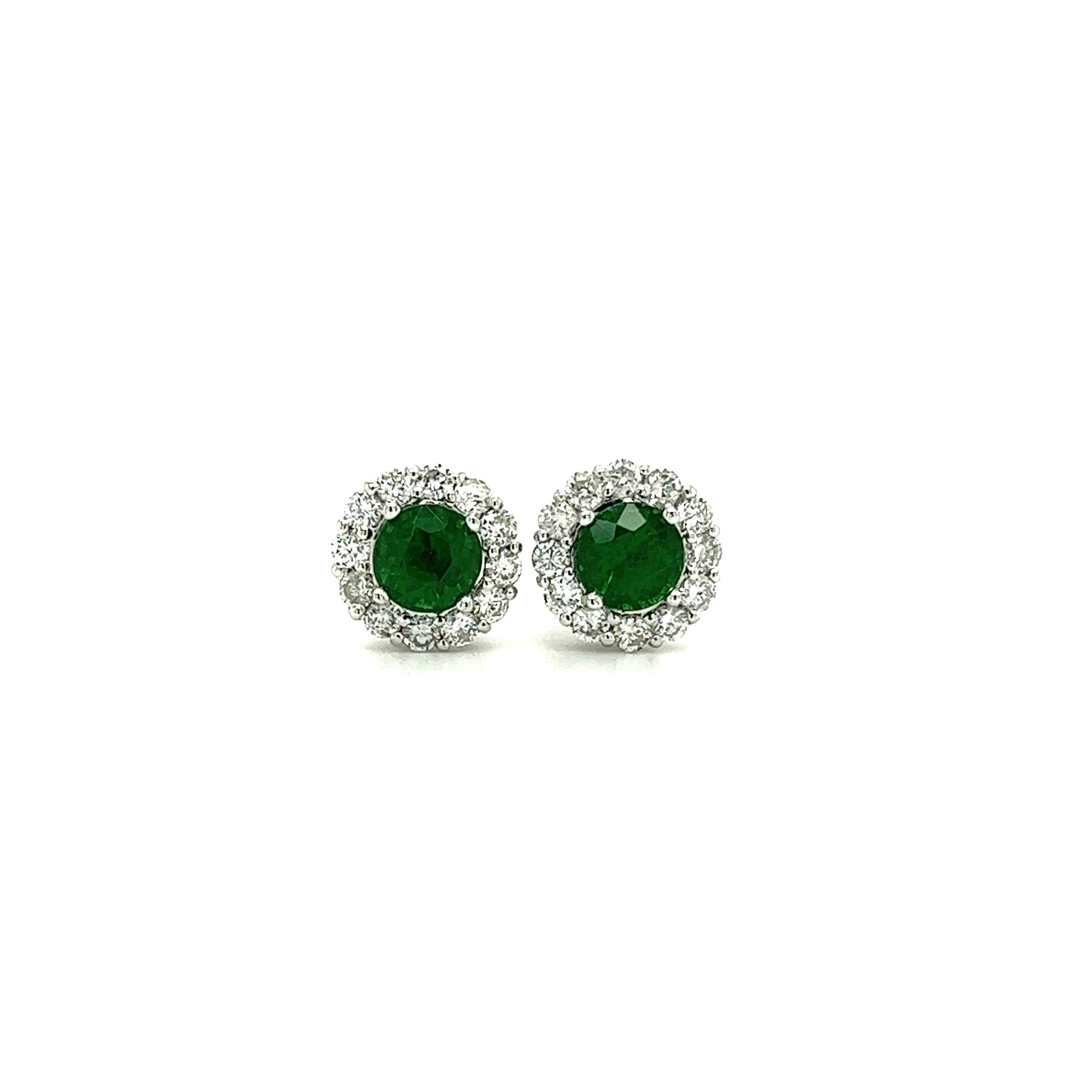 Round Tsavorite Stud Earrings with 0.56ctw of Diamonds in 14K White Gold Front View