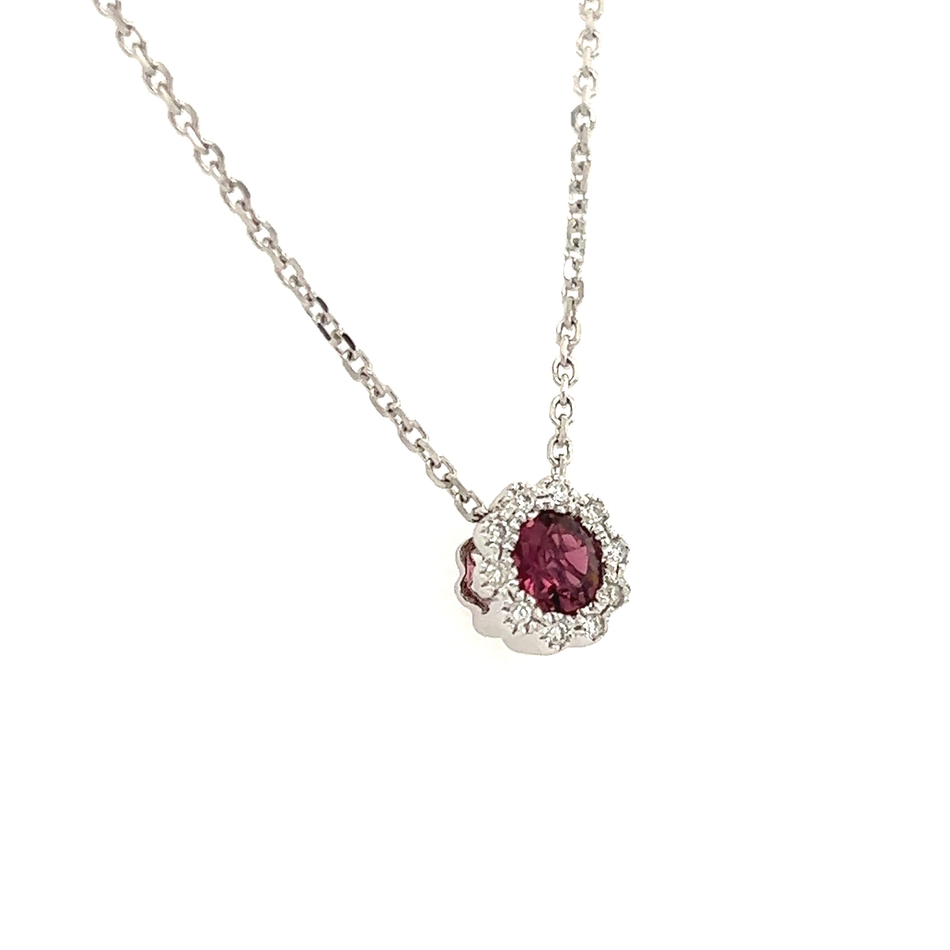 Floral Tourmaline Pendant with Diamond Halo in 14K White Gold Right Side View Pendant and Chain