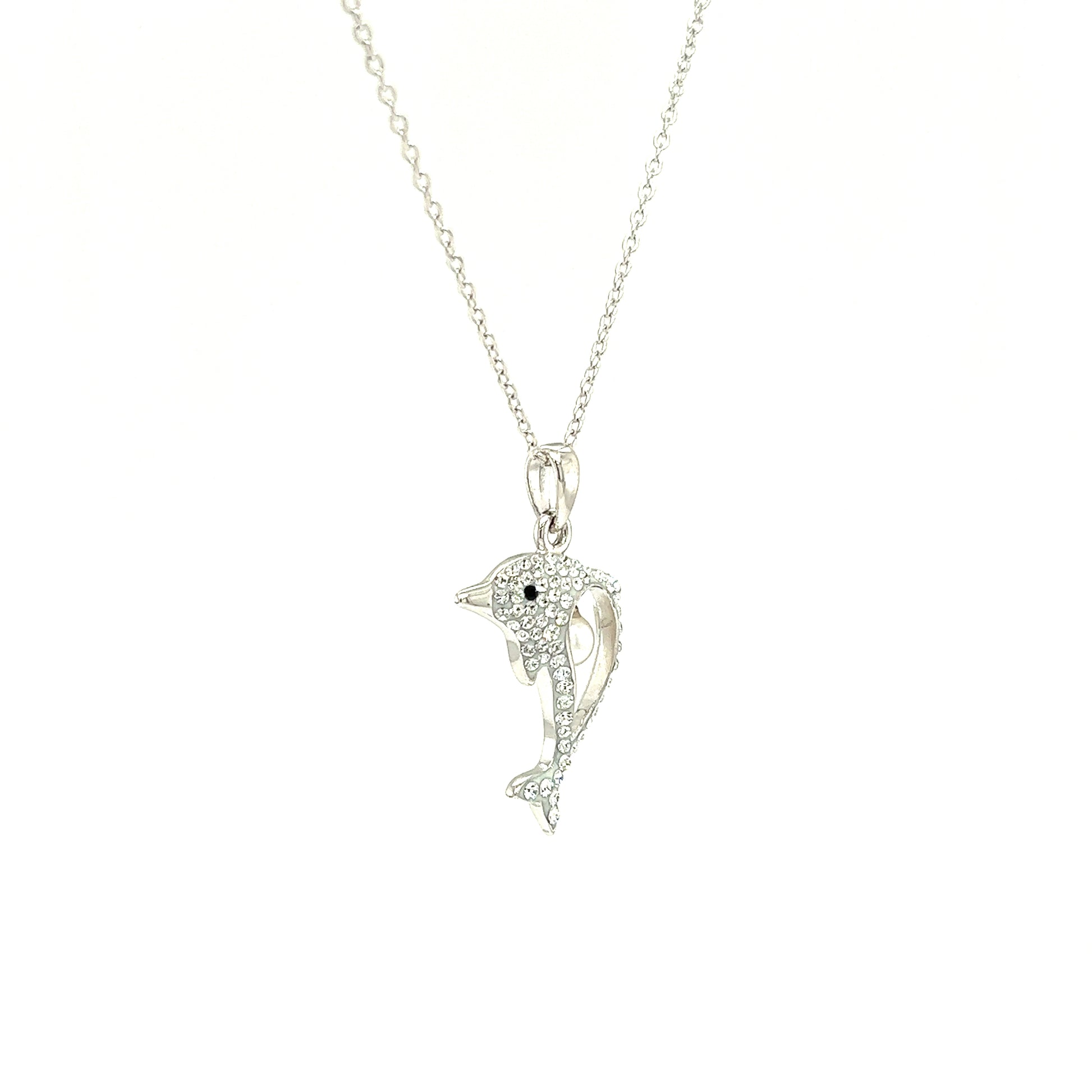 Dolphin Necklace With 4mm White Pearl and White Crystals in Sterling Silver Right Side View
