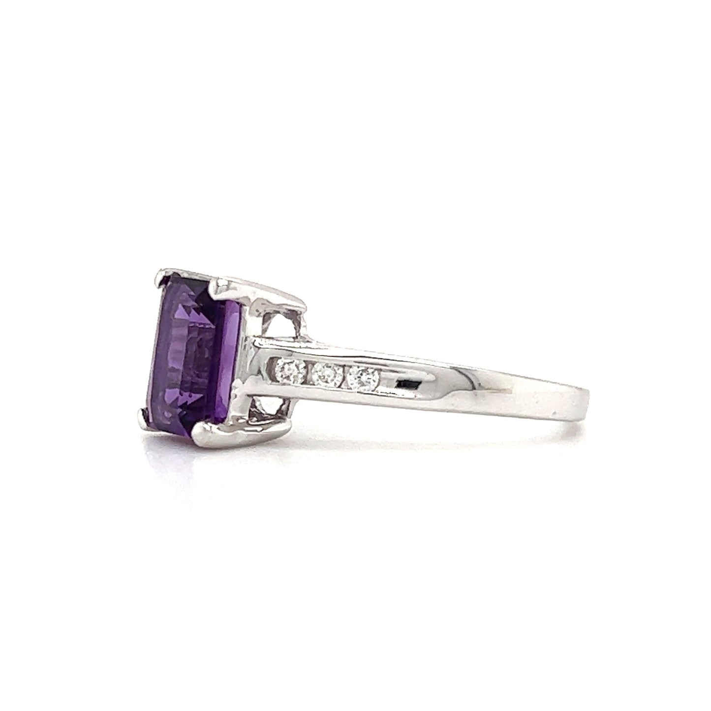 Baguette Amethyst Ring in 14K White Gold with Side Diamonds  Left Side View 2