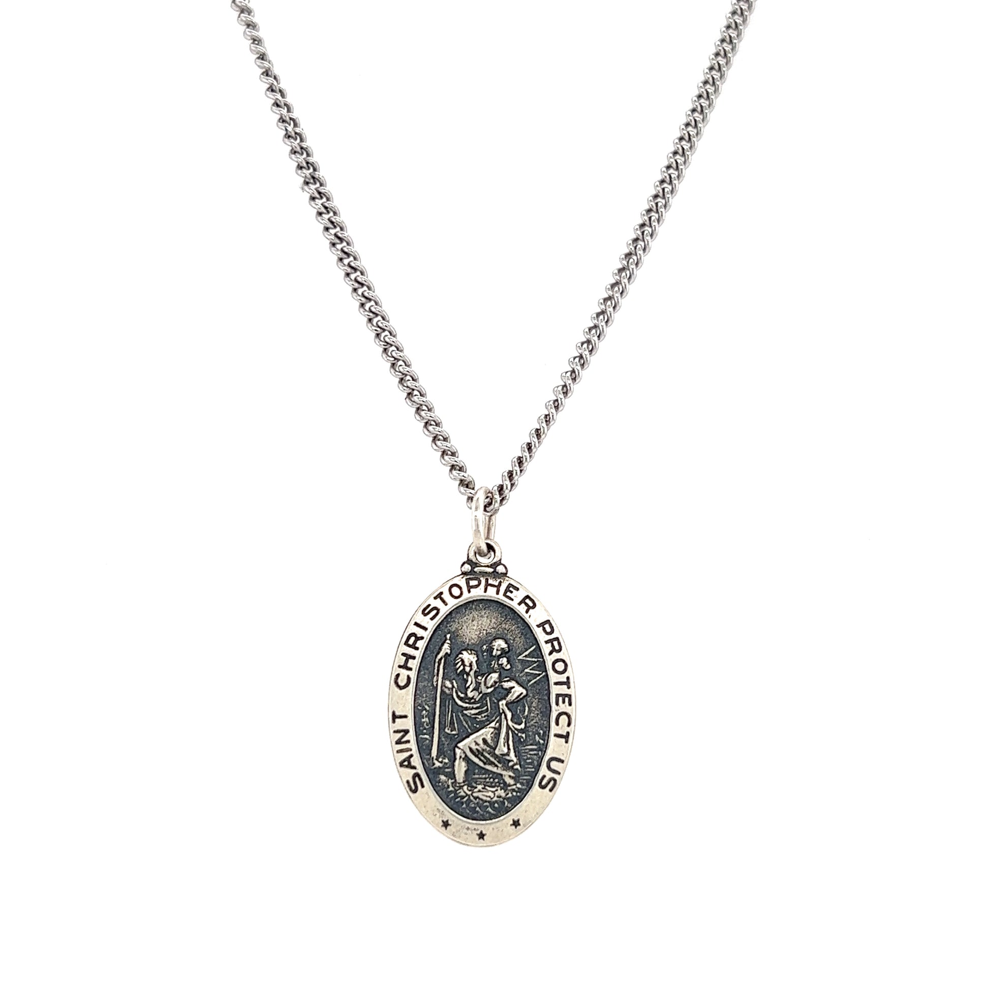 St. Christopher Necklace with Continuous Cable Chain in Sterling Silver Front View