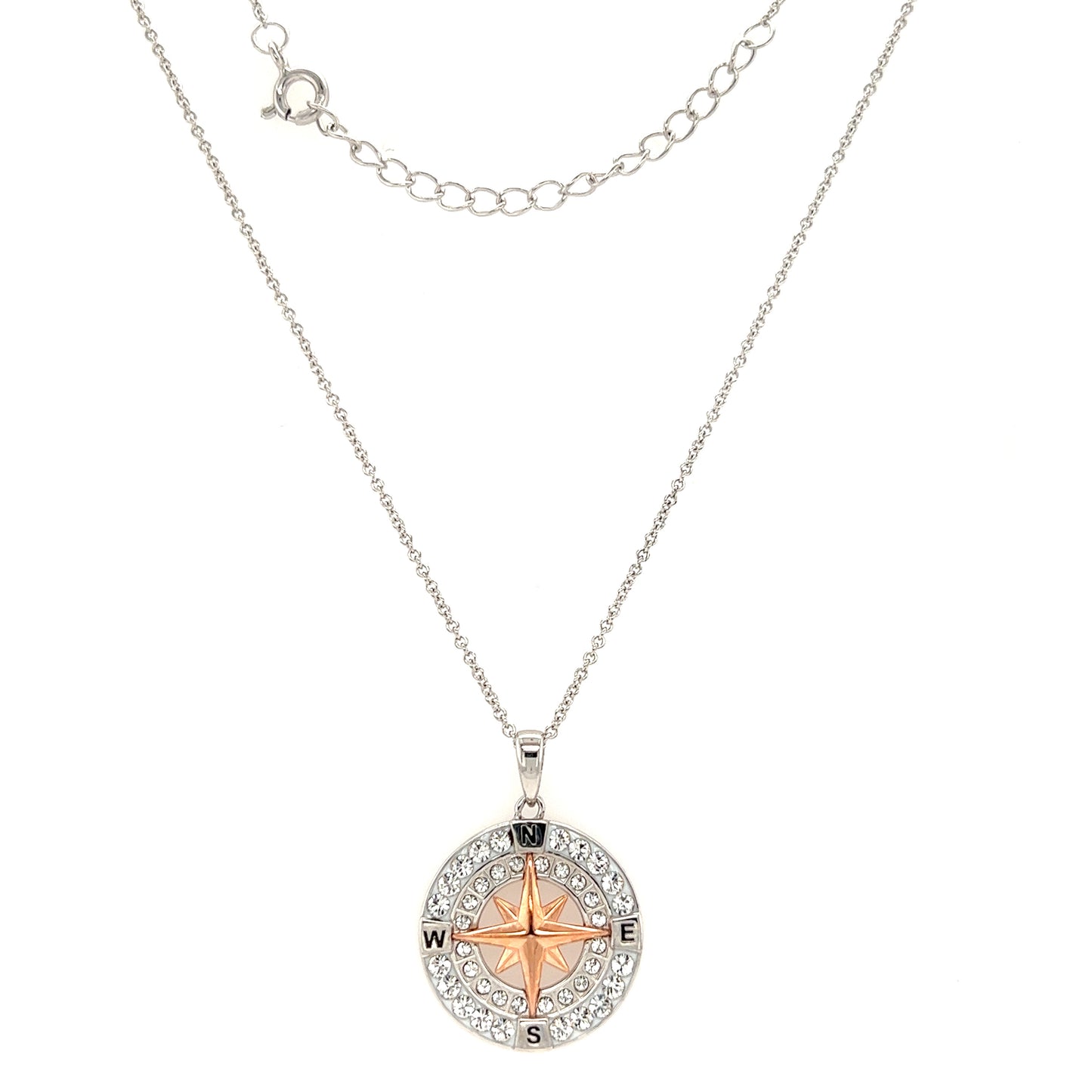 Compass Necklace with Rose Plated Rose and White Crystals in Sterling Silver Full Necklace View