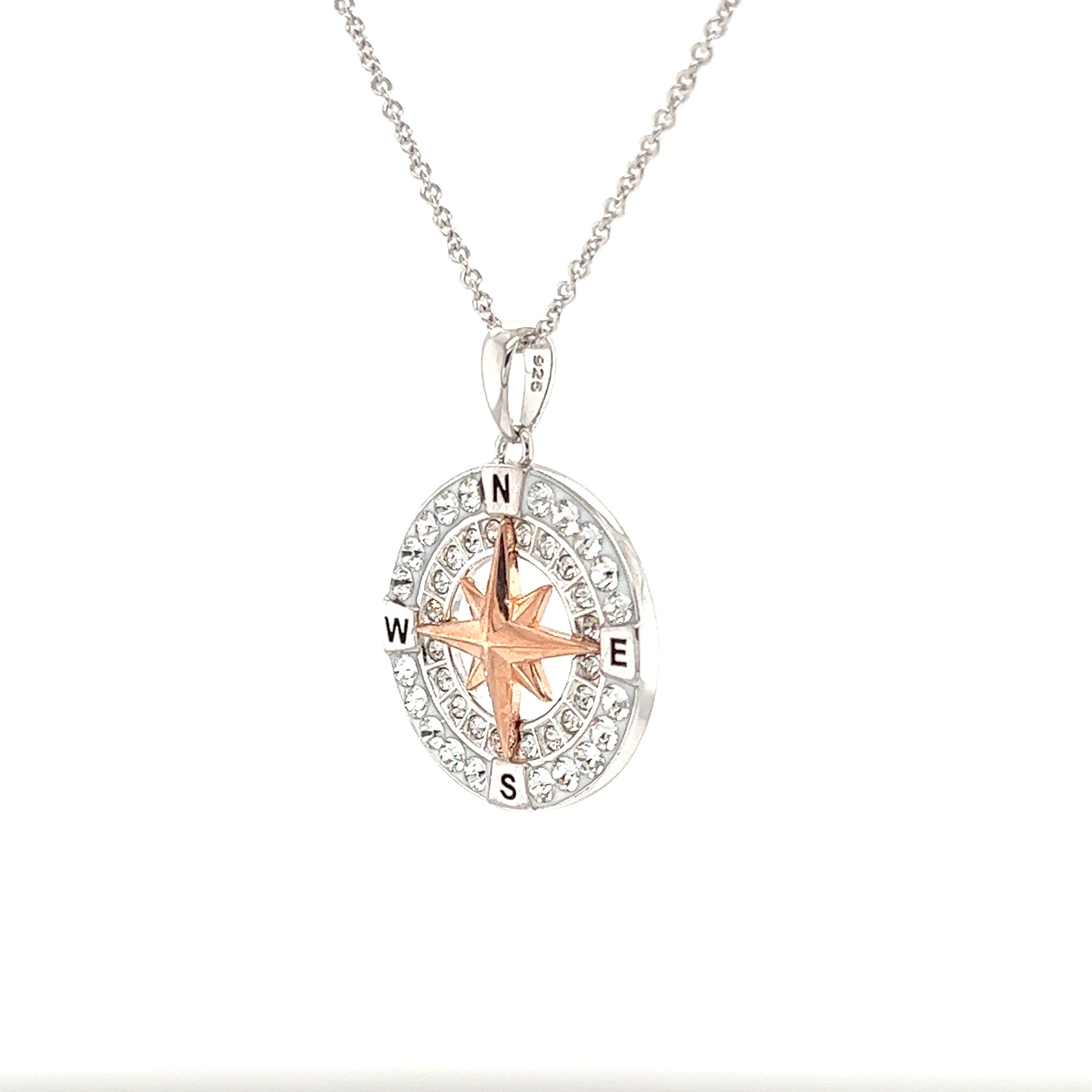 Compass Necklace with Rose Plated Rose and White Crystals in Sterling Silver Left Side View