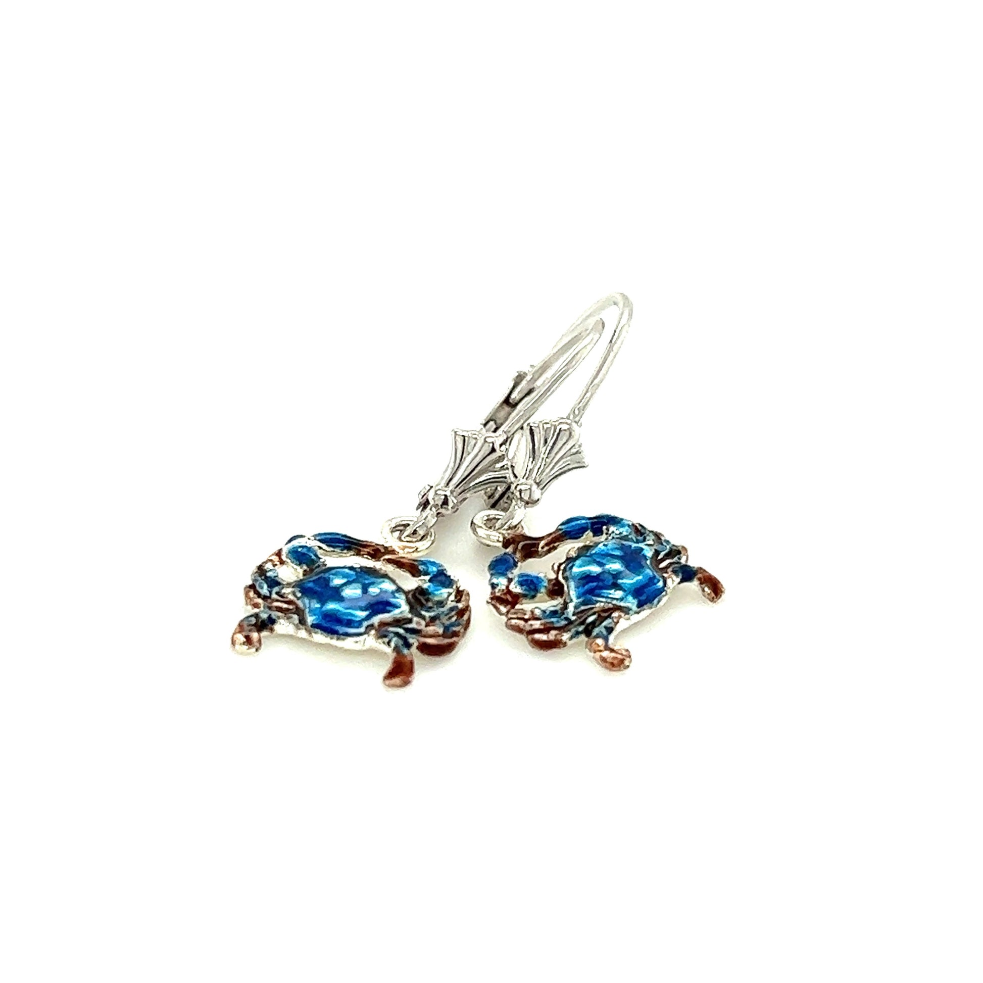 Small Blue Crab Dangle Earrings with Enameling in Sterling Silver Flat Front View