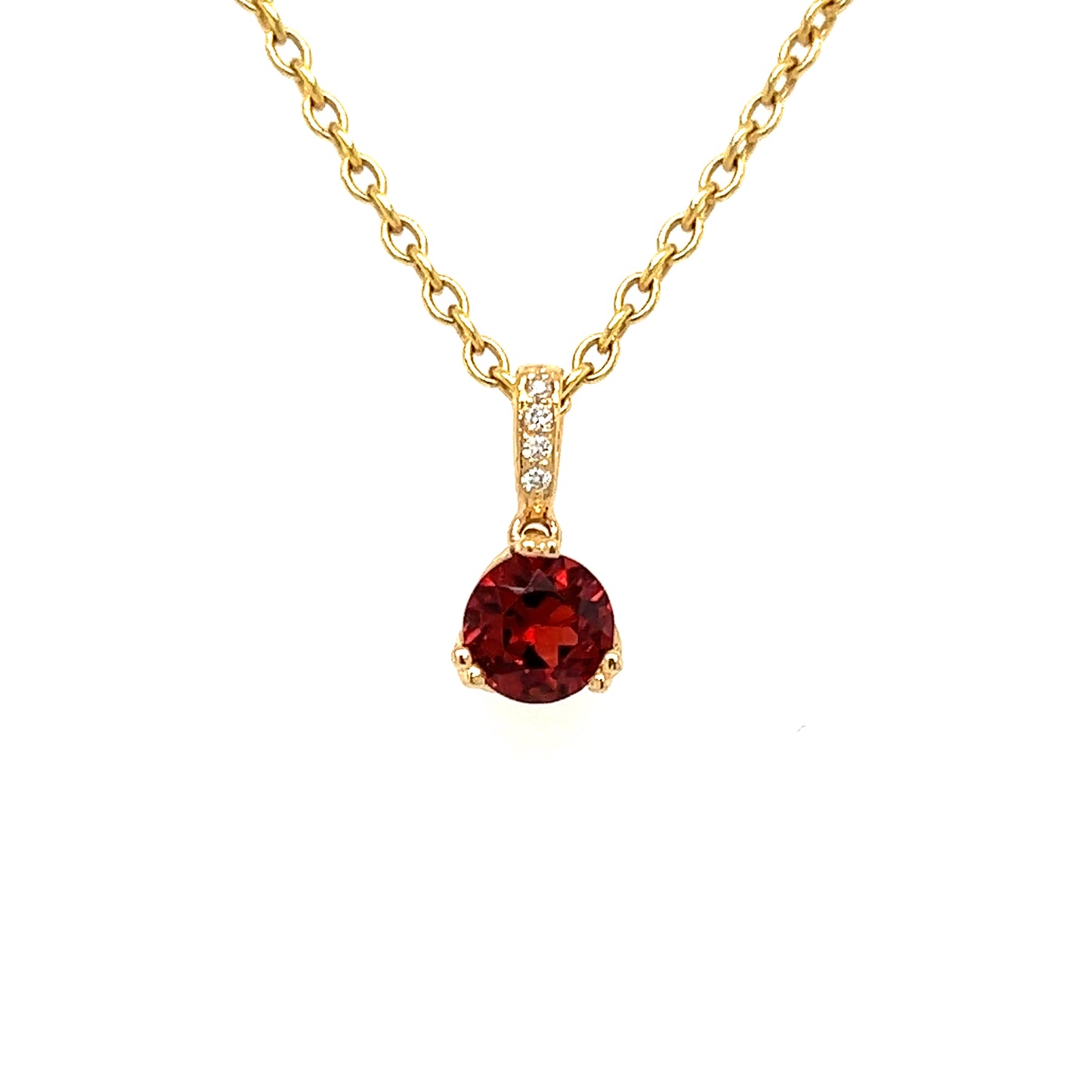 Round Garnet Pendant With Four Diamonds in 14K Yellow Gold Front View Pendant and Chain