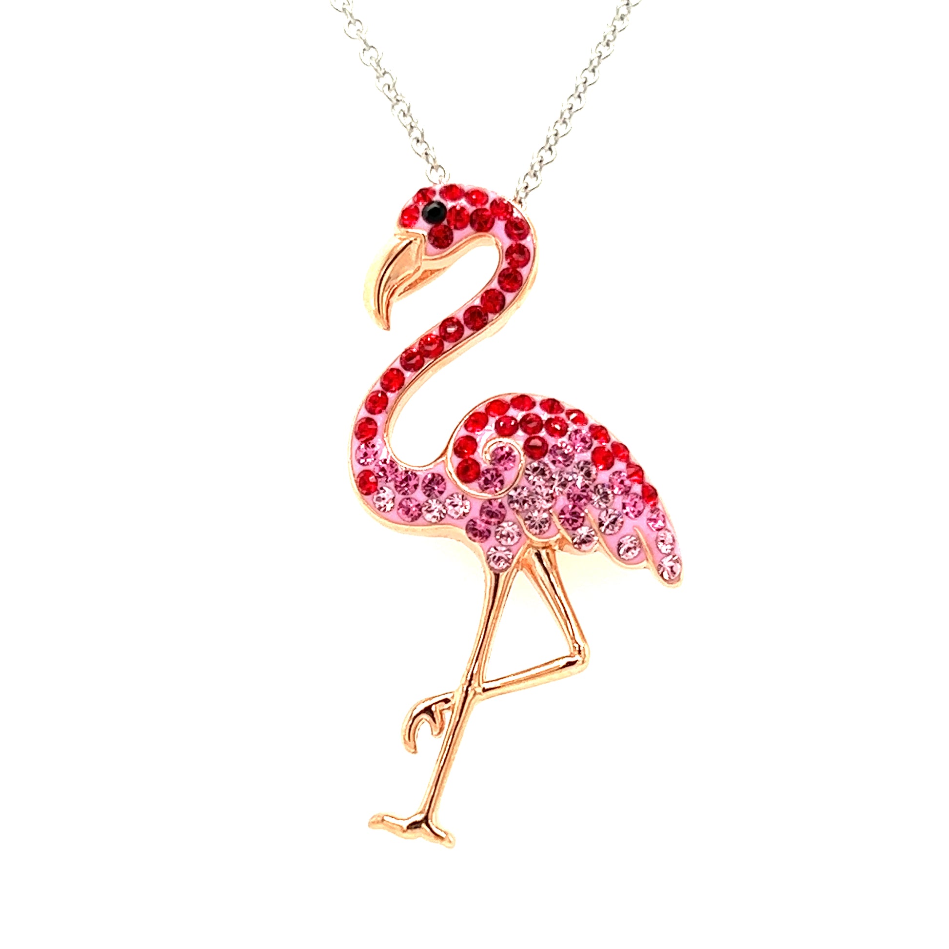 Flamingo Necklace with Red and Pink Crystals and Rose Gold Plating in Sterling Silver Pendant Front View