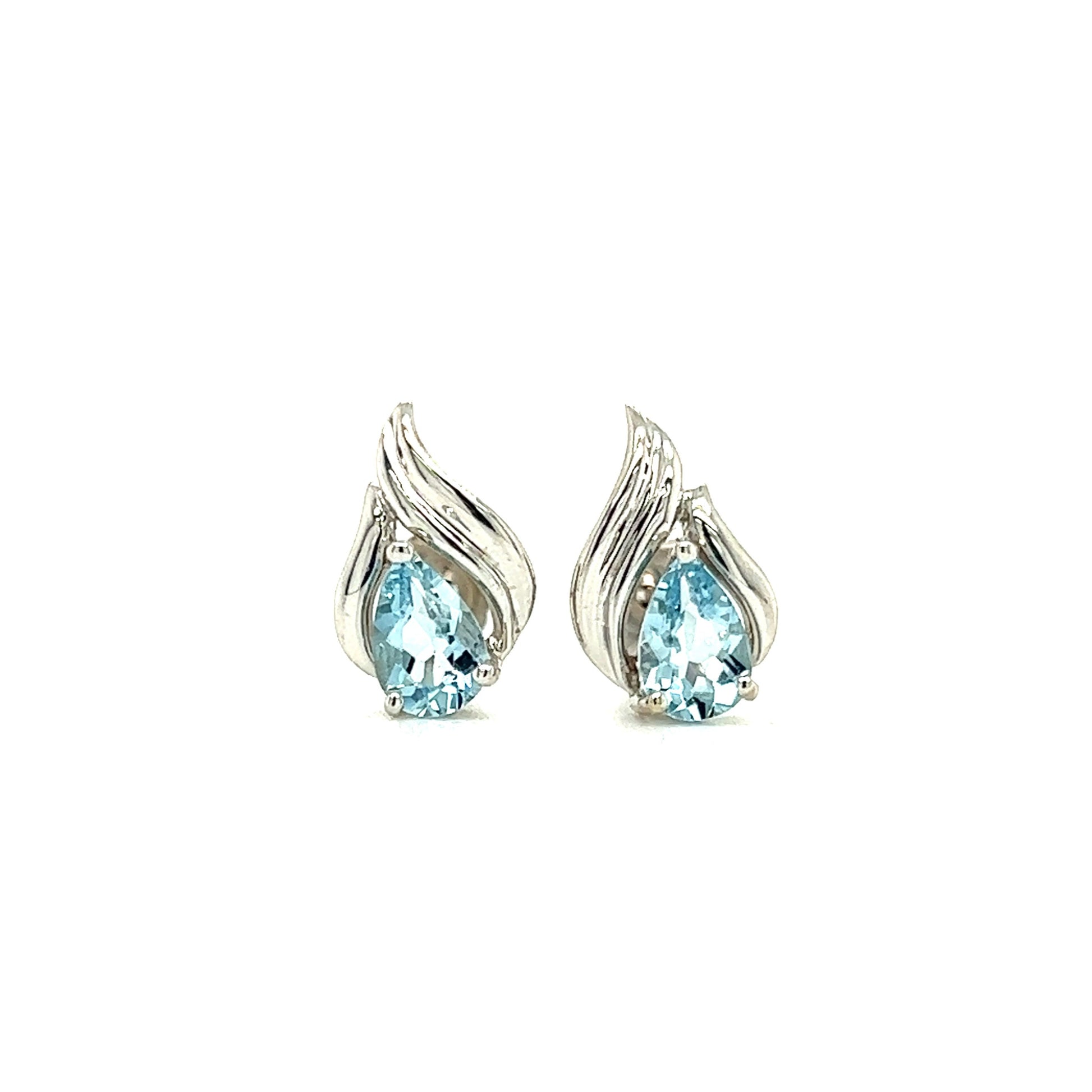 Pear Aquamarine Stud with Flame Motifs Earrings in 14K White Gold Front View