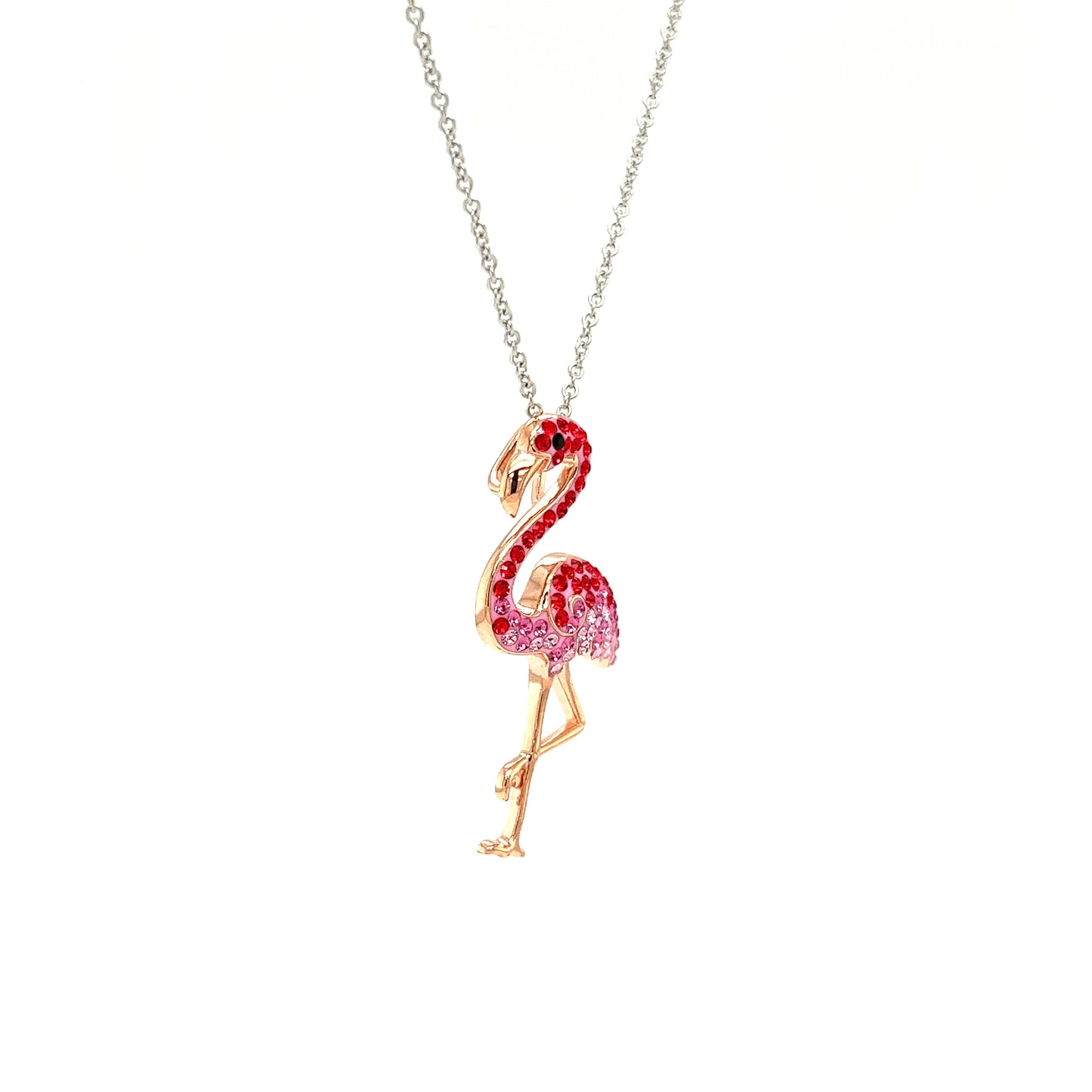 Flamingo Necklace with Red and Pink Crystals and Rose Gold Plating in Sterling Silver Left Side View