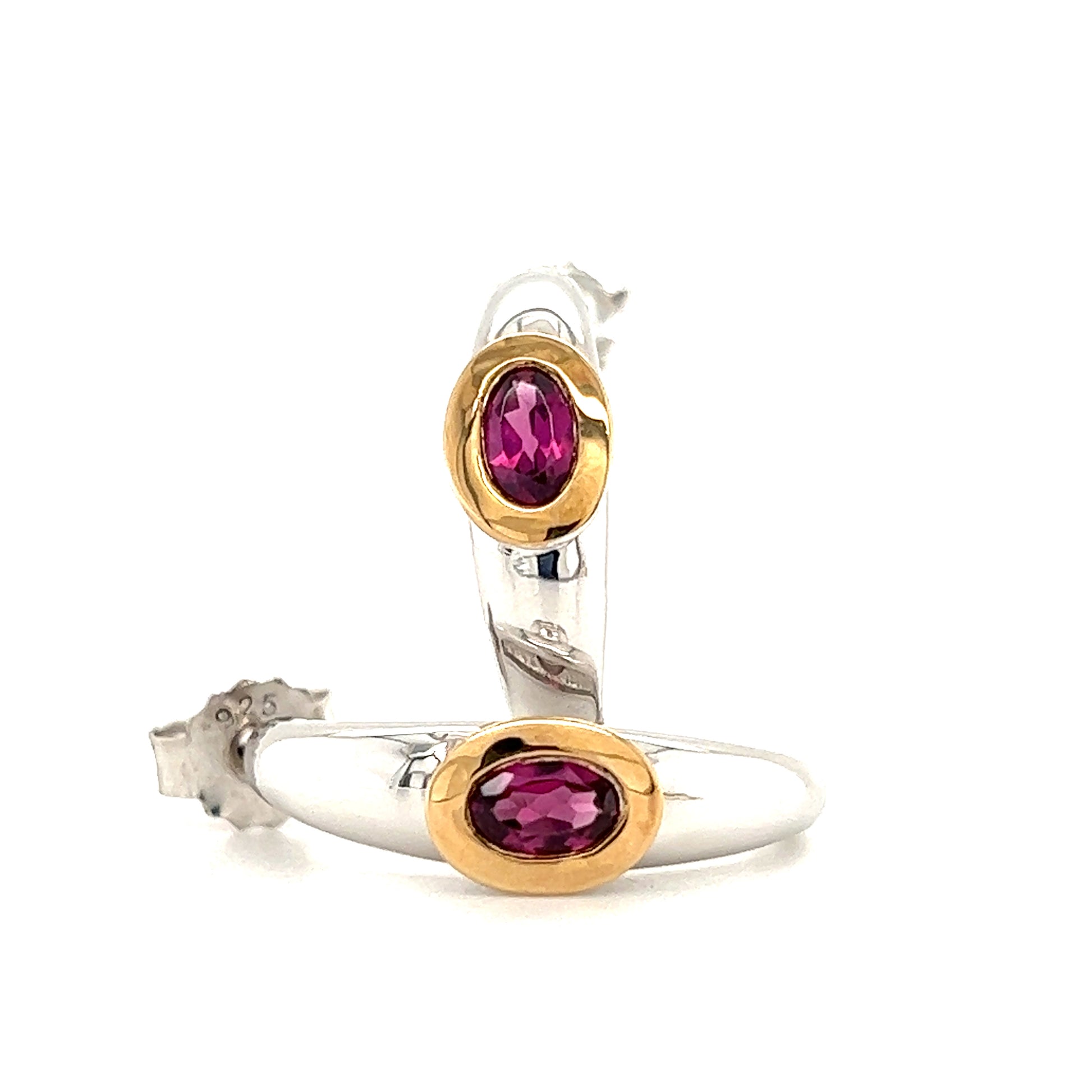 Rhodolite Hoop Earrings in Sterling Silver with 14K Gold Accent Front View
