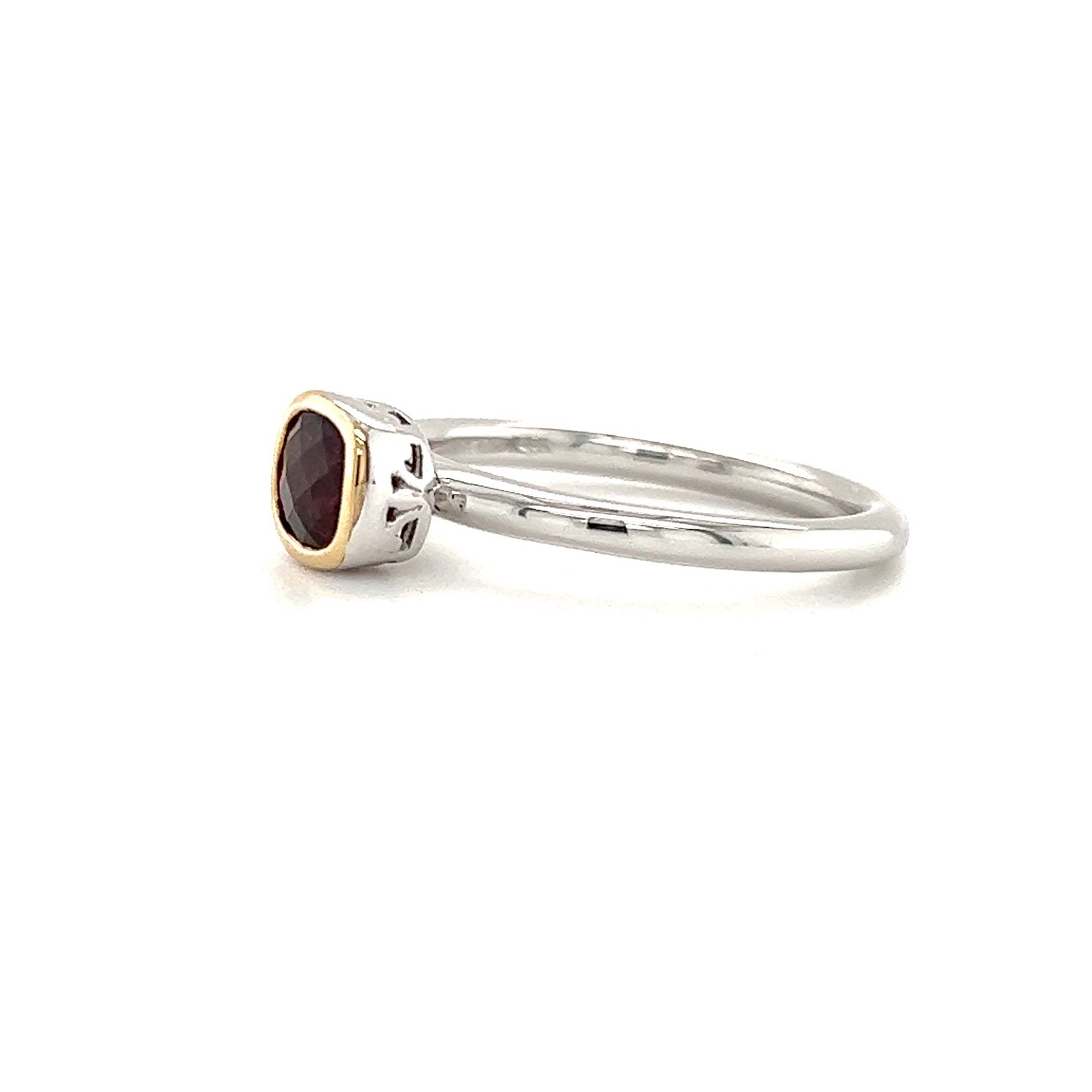 Cushion Garnet Ring in Sterling Silver with 14K Yellow Gold Accent Left Side View