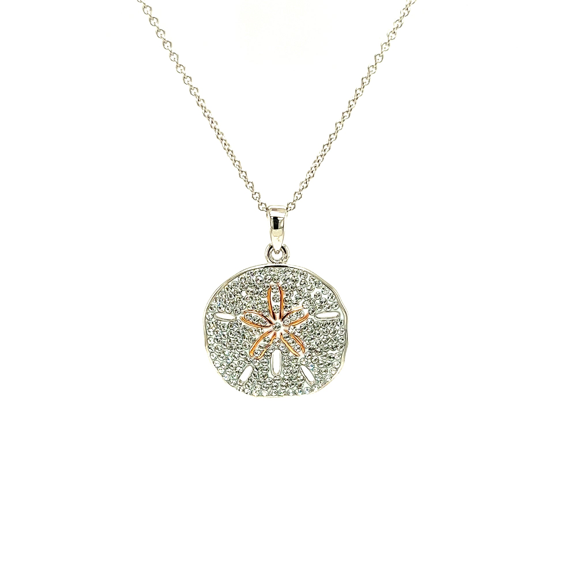 Sand Dollar Necklace With White Crystals and Rose Gold Plating in Sterling Silver Necklace Front View