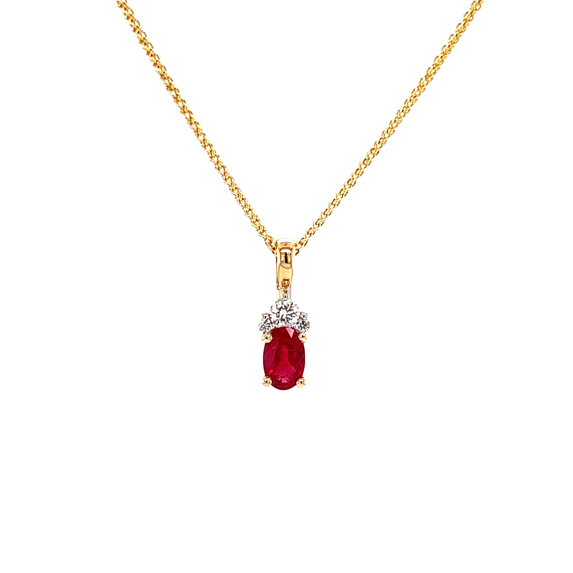 Oval Ruby Pendant with Three Accent Diamonds in 14K Yellow Gold Pendant with Chain Front View