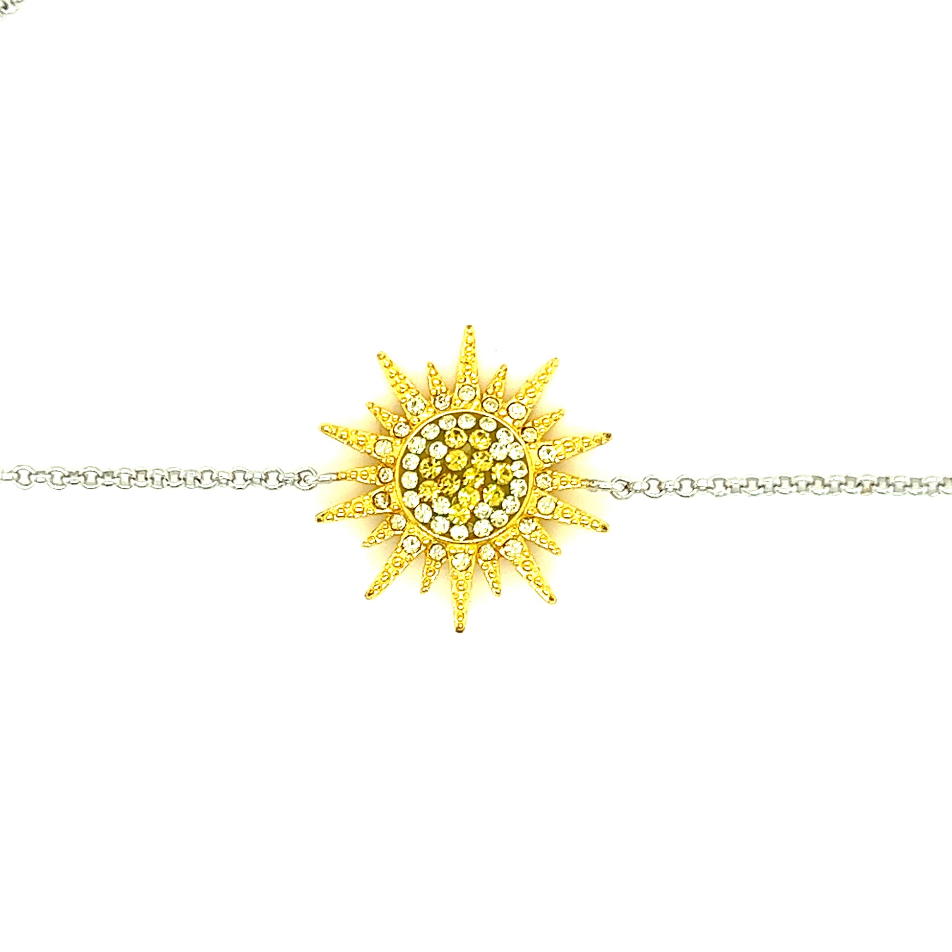 Sunburst Bracelet with Yellow and White Crystals in Sterling Silver Centerpiece Front View