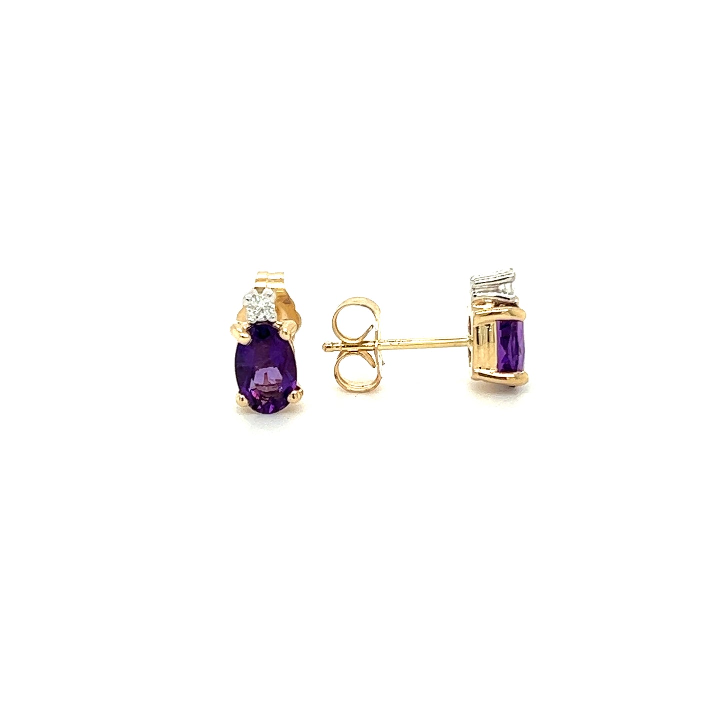 Oval Amethyst Stud Earrings with Accent Diamonds in 14K Yellow Gold Front and Side View