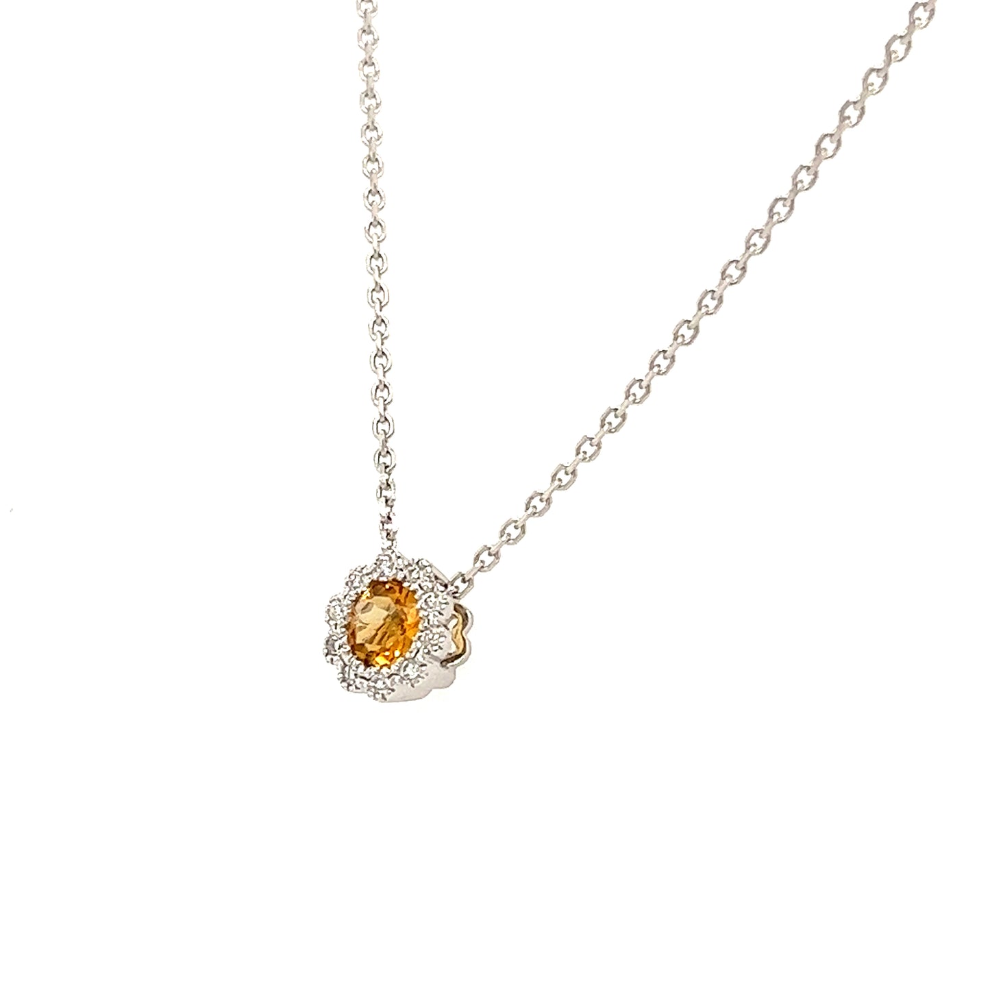 Floral Citrine Pendant with Diamond Halo in 14K White Gold Left Side View Pendant and Chain