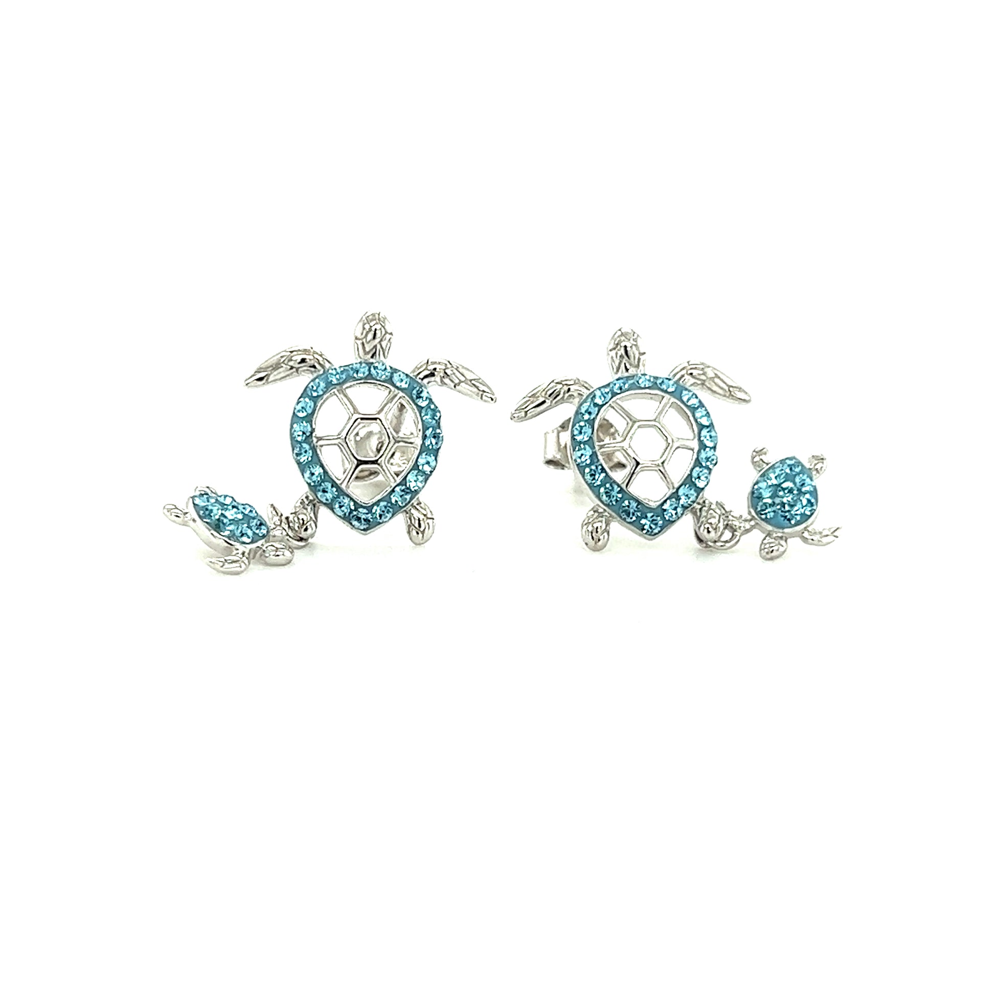 Mother and Baby Sea Turtle Earrings with Aqua Crystals in Sterling Silver Front View