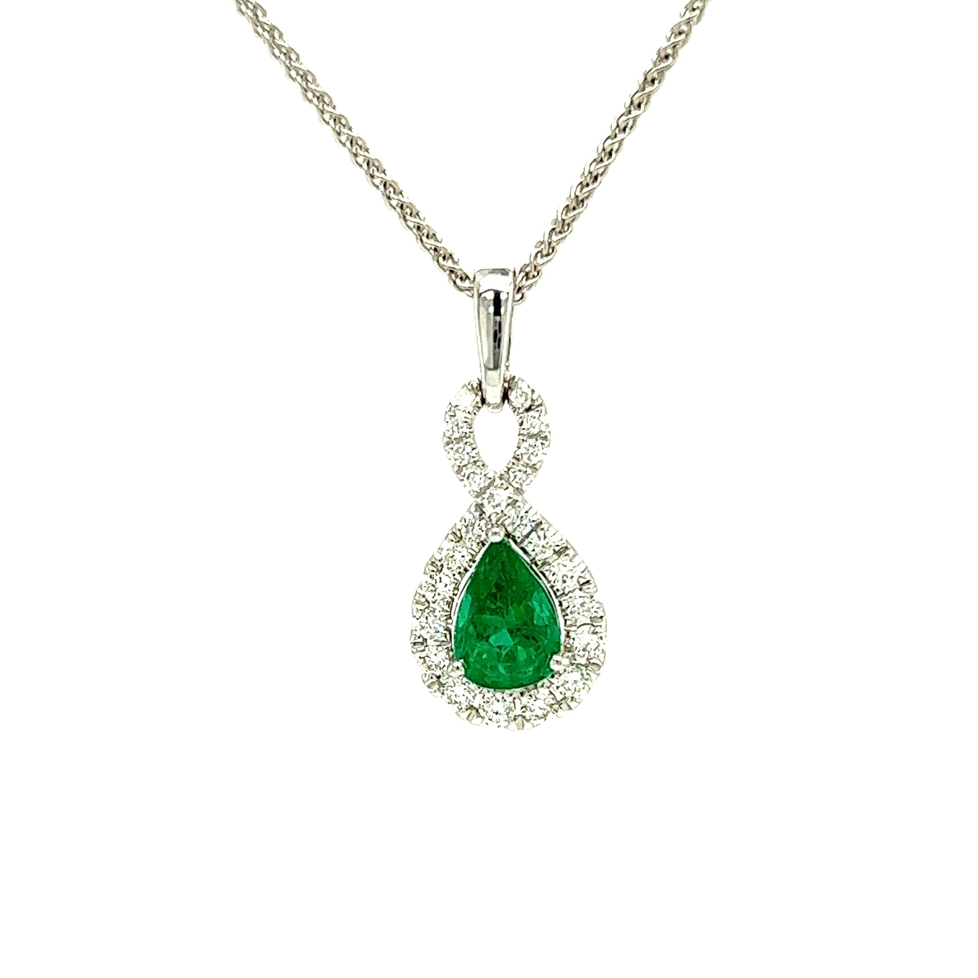 Emerald Infinity Pendant with 0.23ctw of Diamonds in 18K White Gold Pendant and Chain Front View