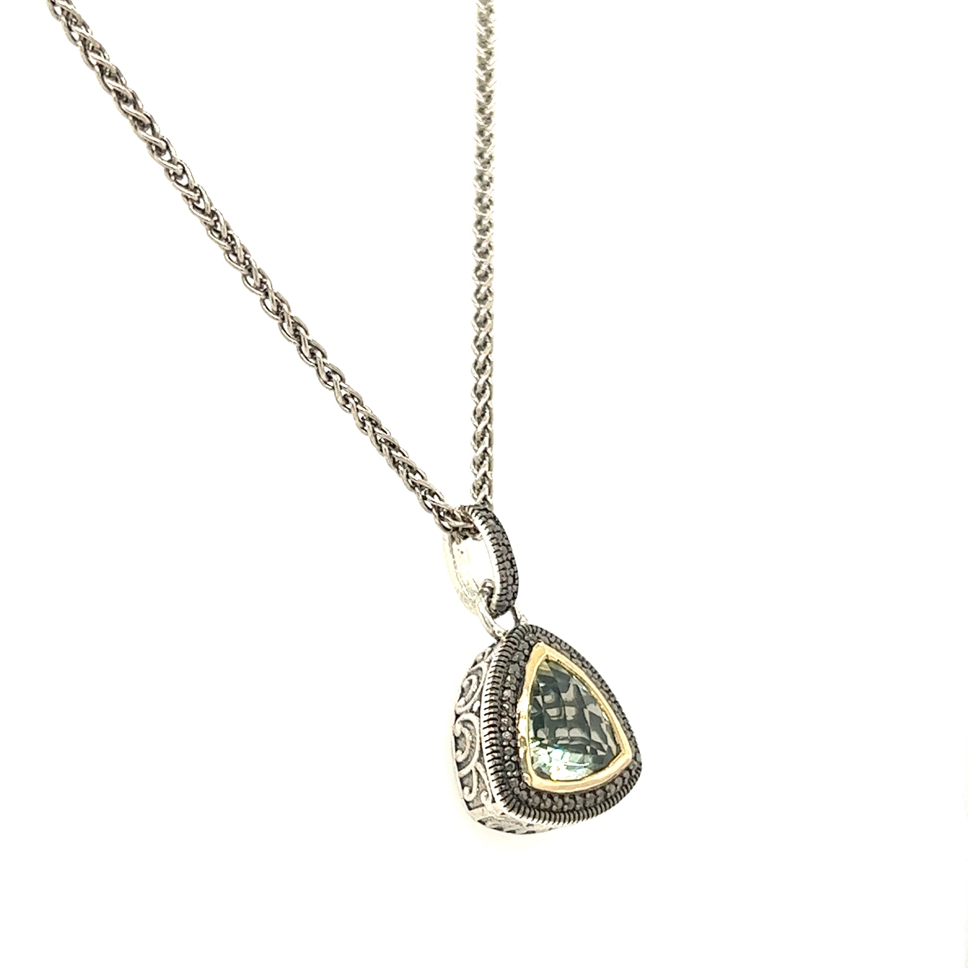 Trillion Green Quartz Antiqued Necklace with 14K Yellow Gold Accent in Sterling Silver Left Side View