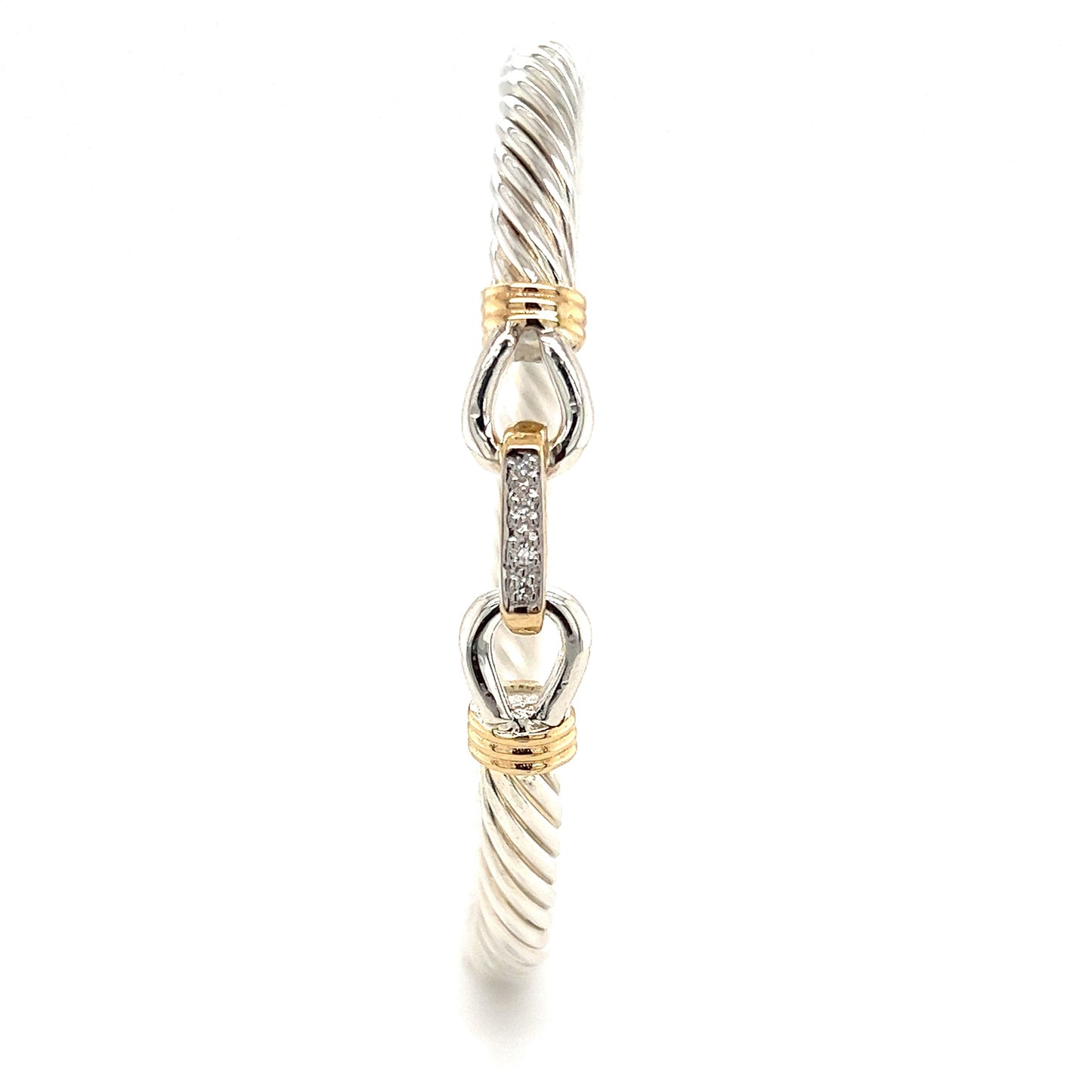 Twisted Cable 5mm Bangle Bracelet with Diamond Catch and 14K Yellow Gold Wraps in Sterling Silver Front View