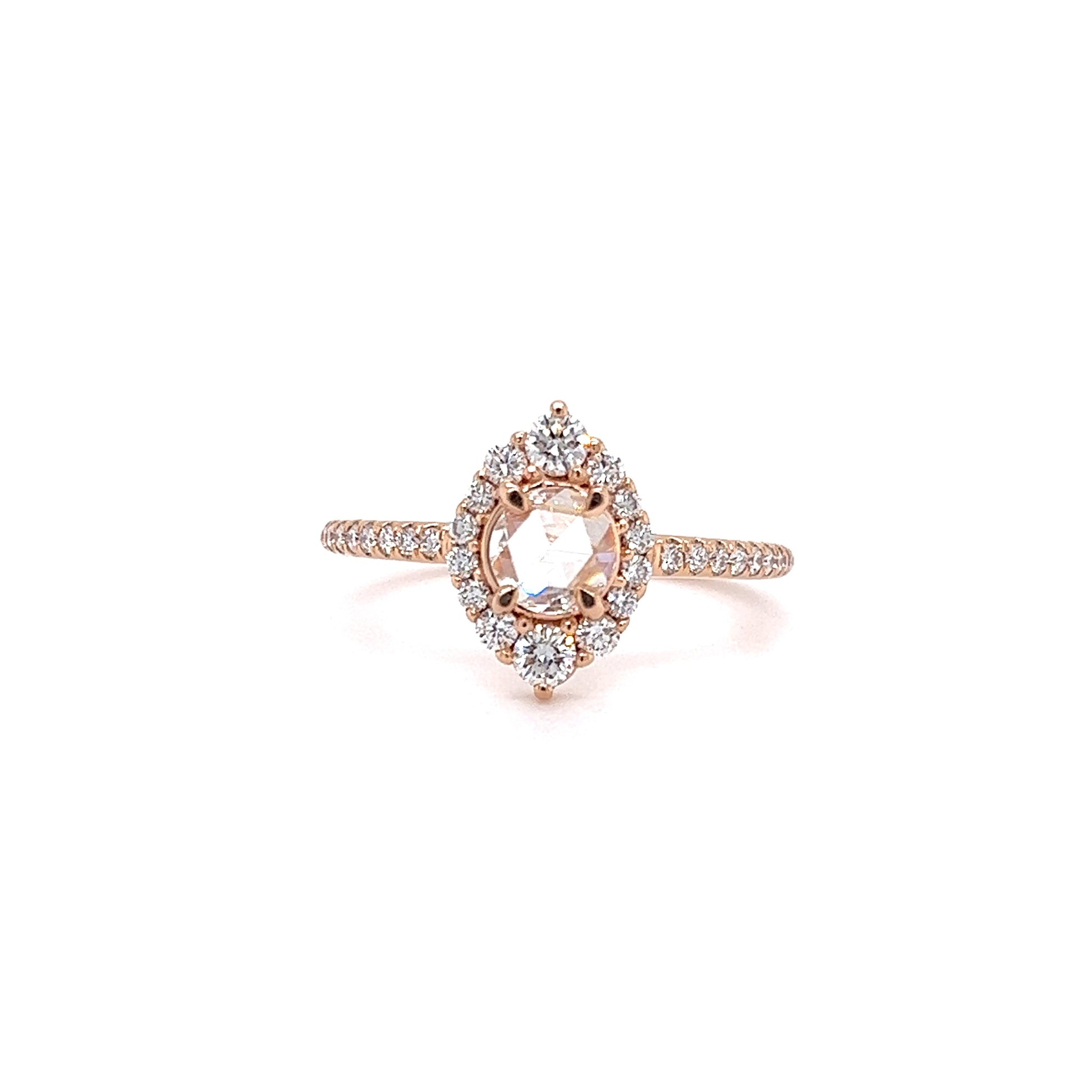 Pink Diamond Ring with Thirty-Two Side Diamonds in 18K Rose Gold Front View