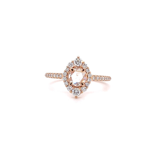 Pink Diamond Ring with Thirty-Two Side Diamonds in 18K Rose Gold Front View