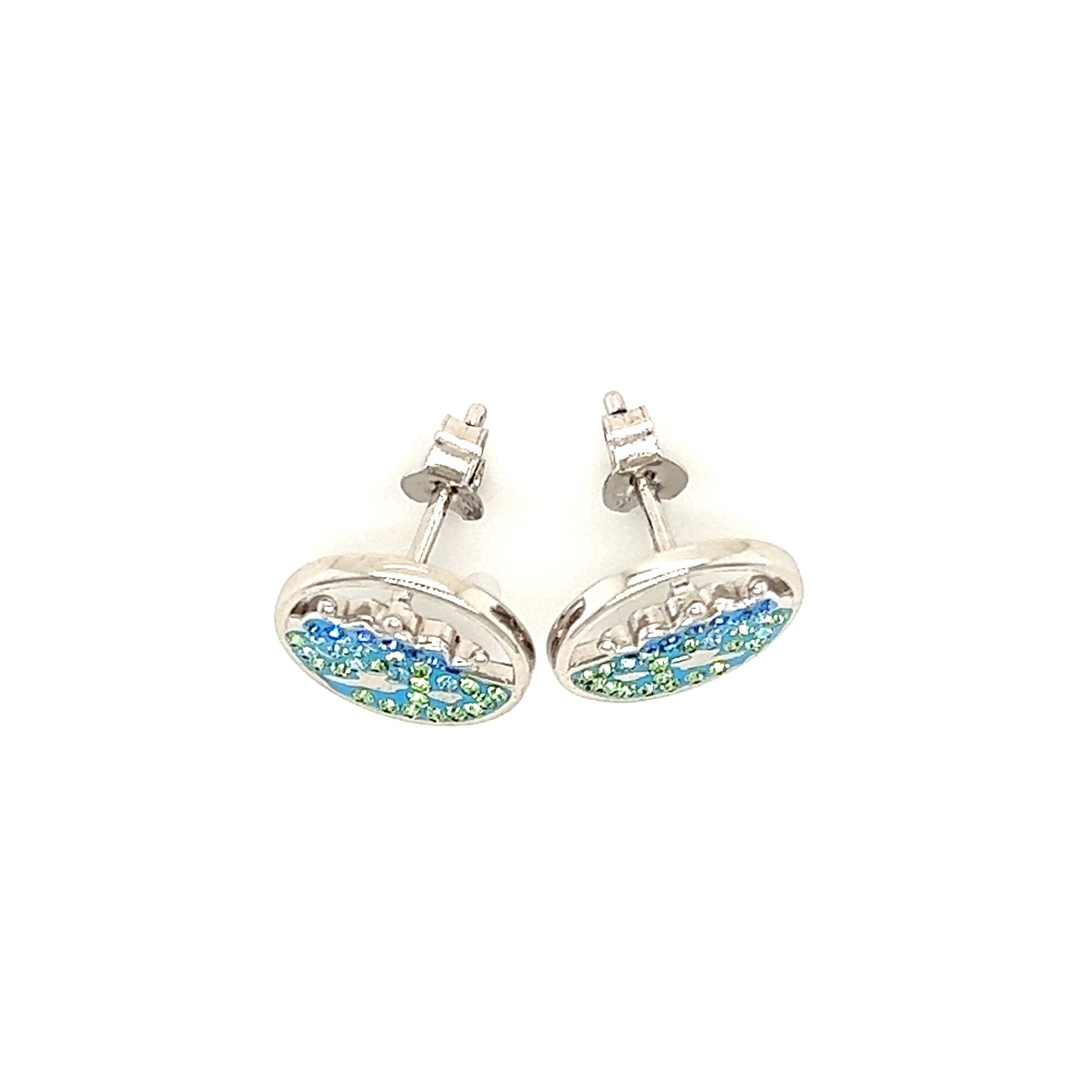Wave Stud Earrings with Blue, Aqua and Green Crystals in Sterling Silver. Top View