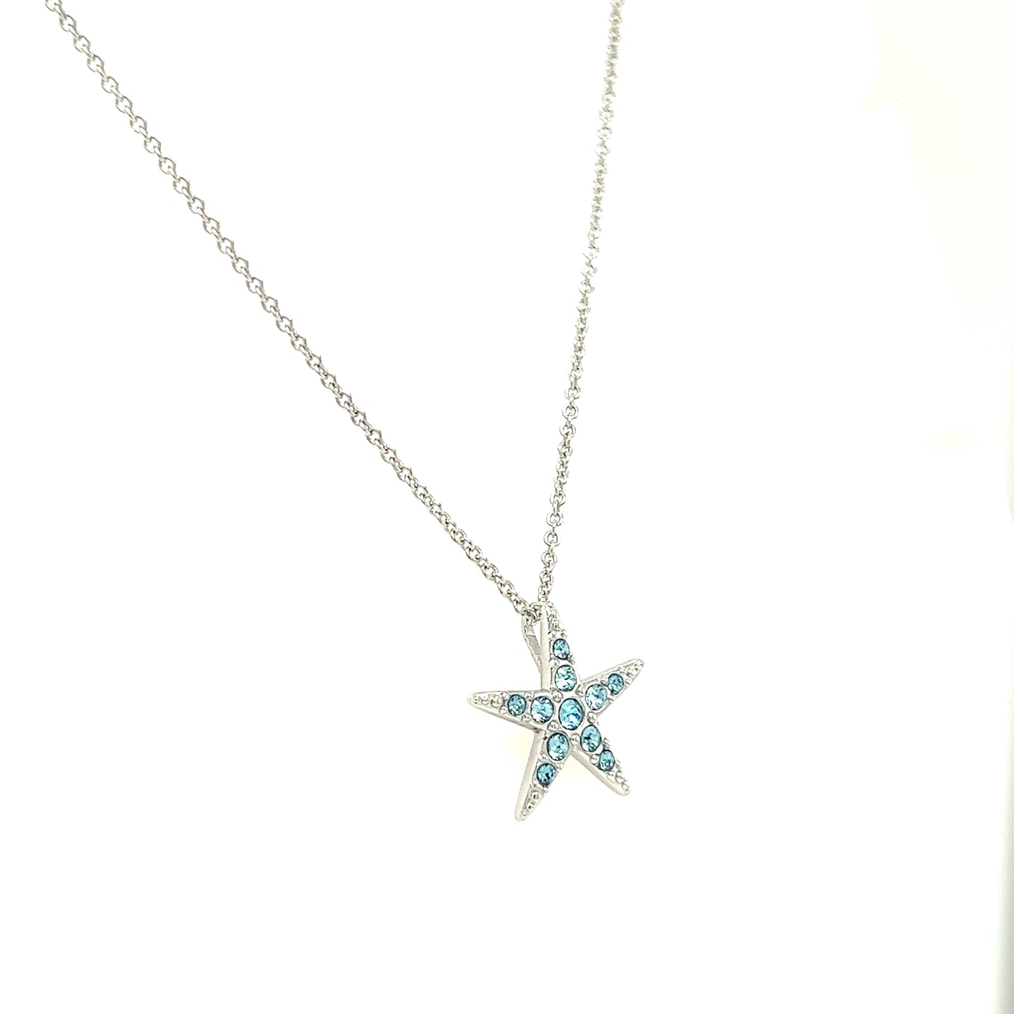 Starfish Necklace with Aqua Crystals in Sterling Silver Left Side View