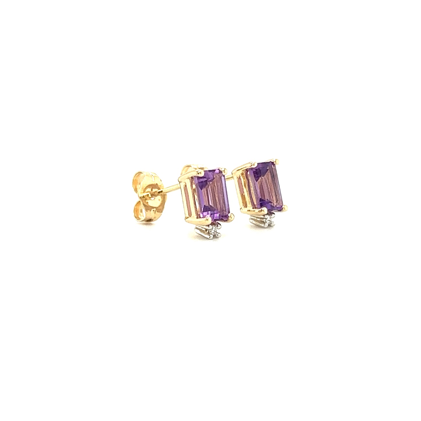 Baguette Amethyst Stud Earrings with Acent Diamonds in 14K Yellow Gold Left Side View