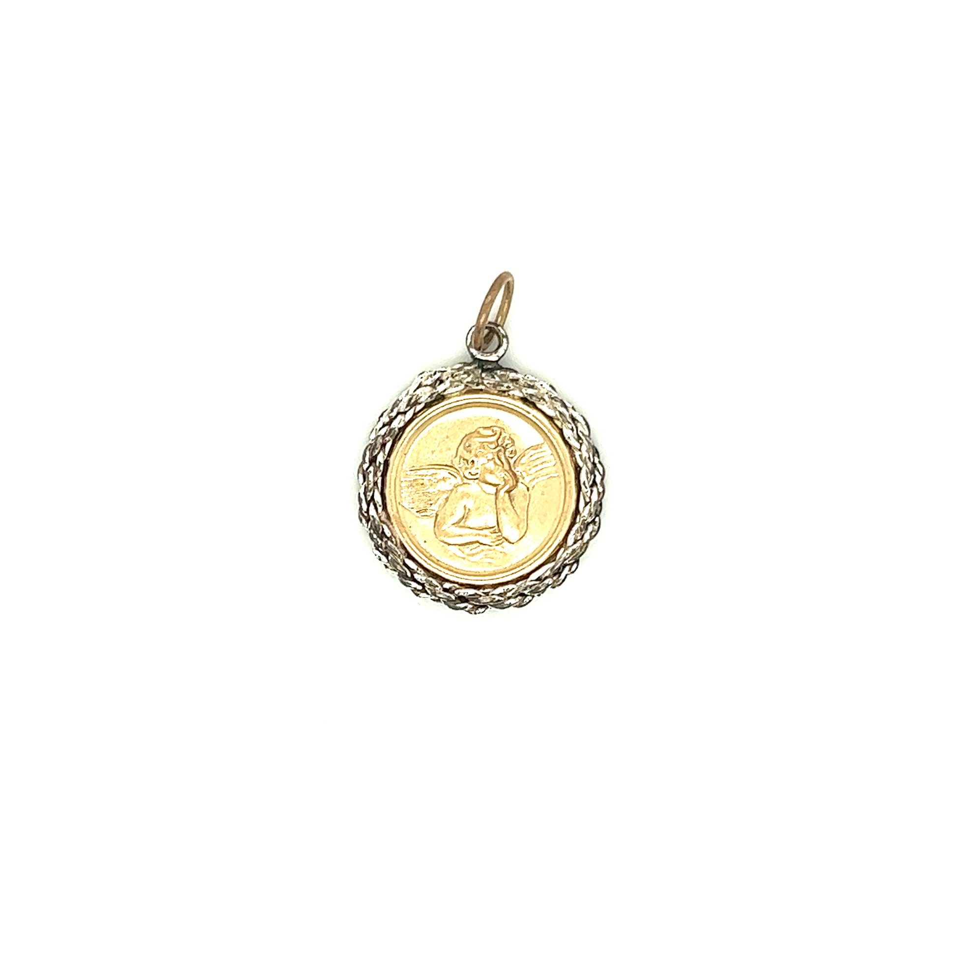 Round Angel Medallion with Textured Frame in 14K Yellow and White Gold Front View