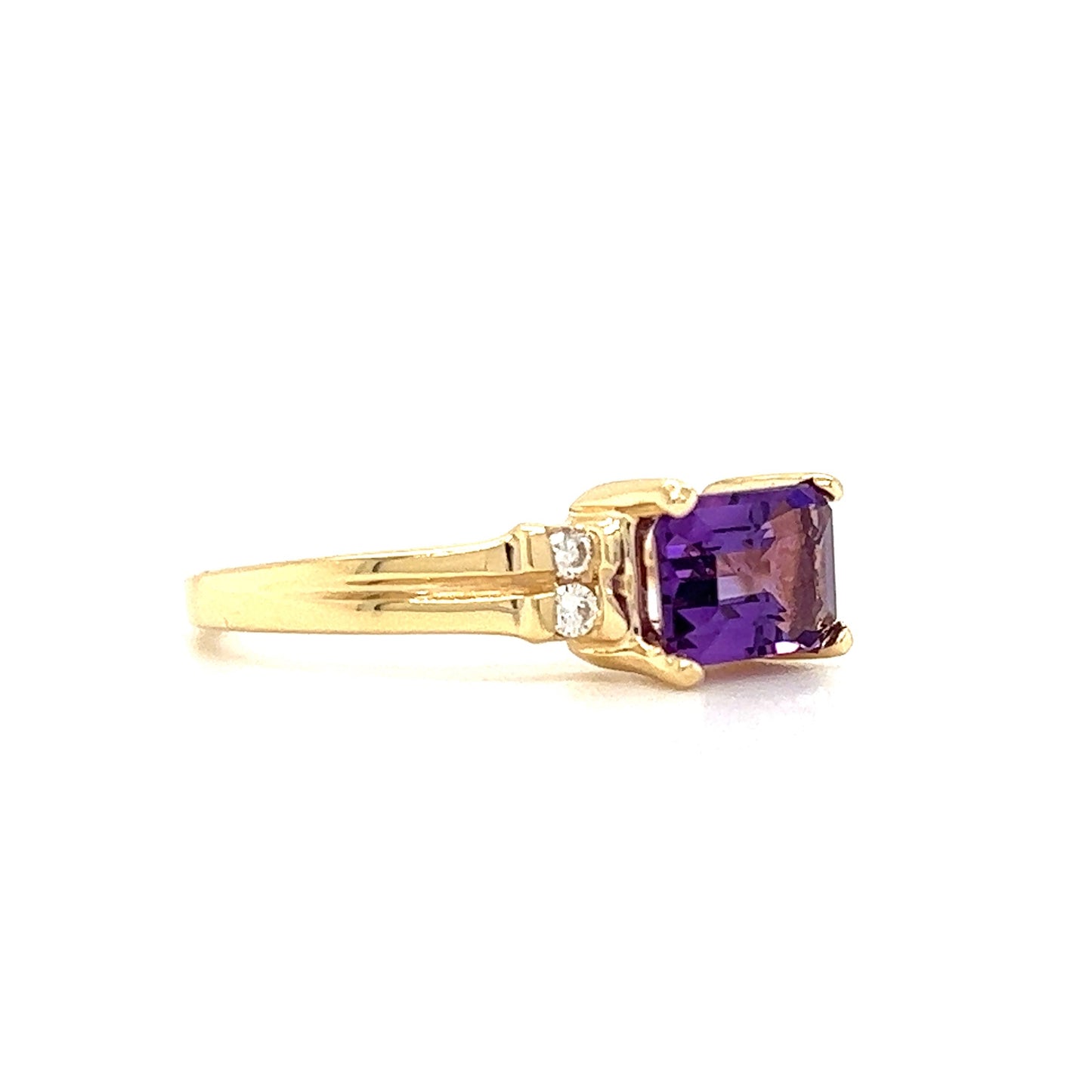 Baguette Amethyst Ring in 14K Yellow Gold with Side Diamonds Right Side View