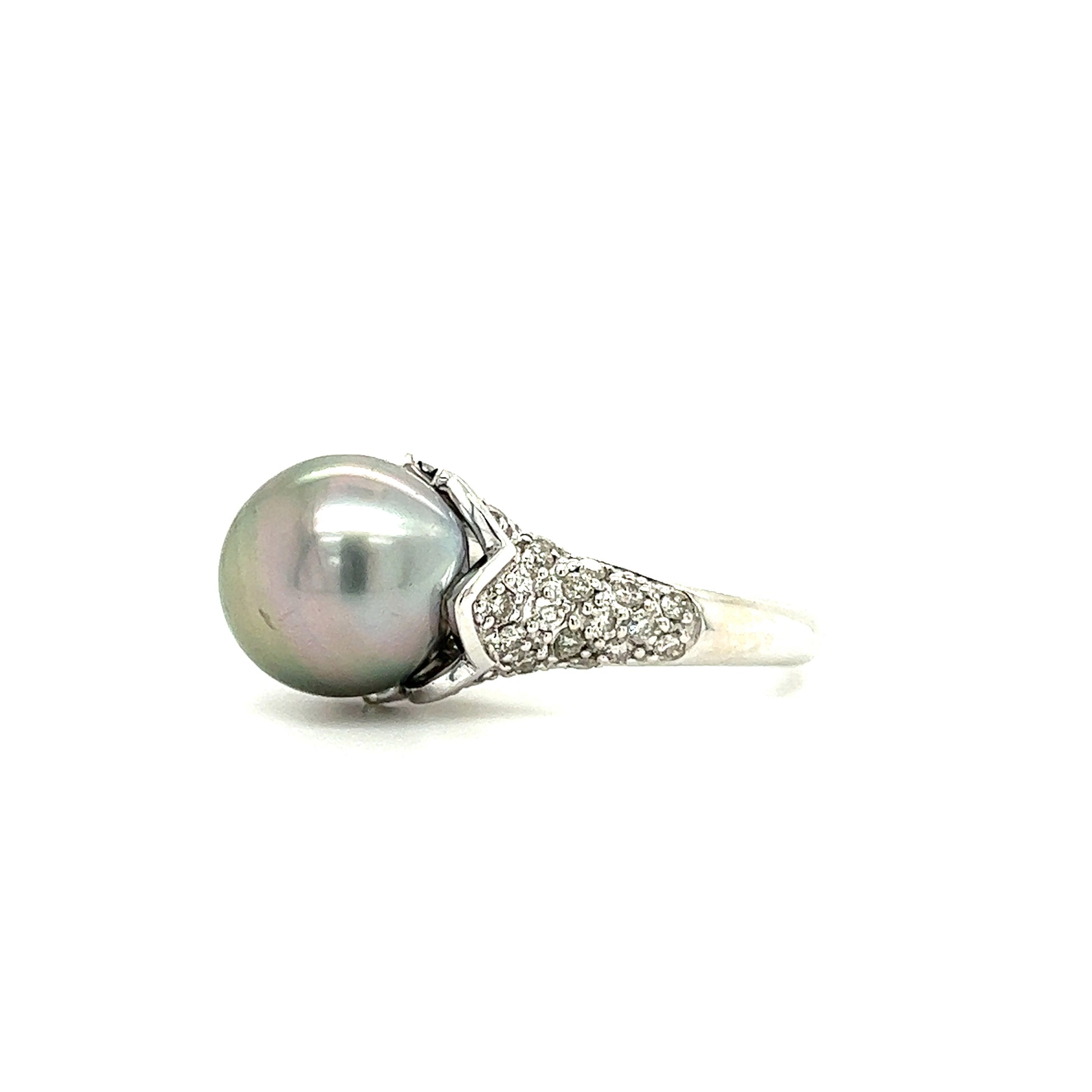 Tahitian Pearl Ring with 0.67ctw of Diamonds in 14K White Gold Right Side View