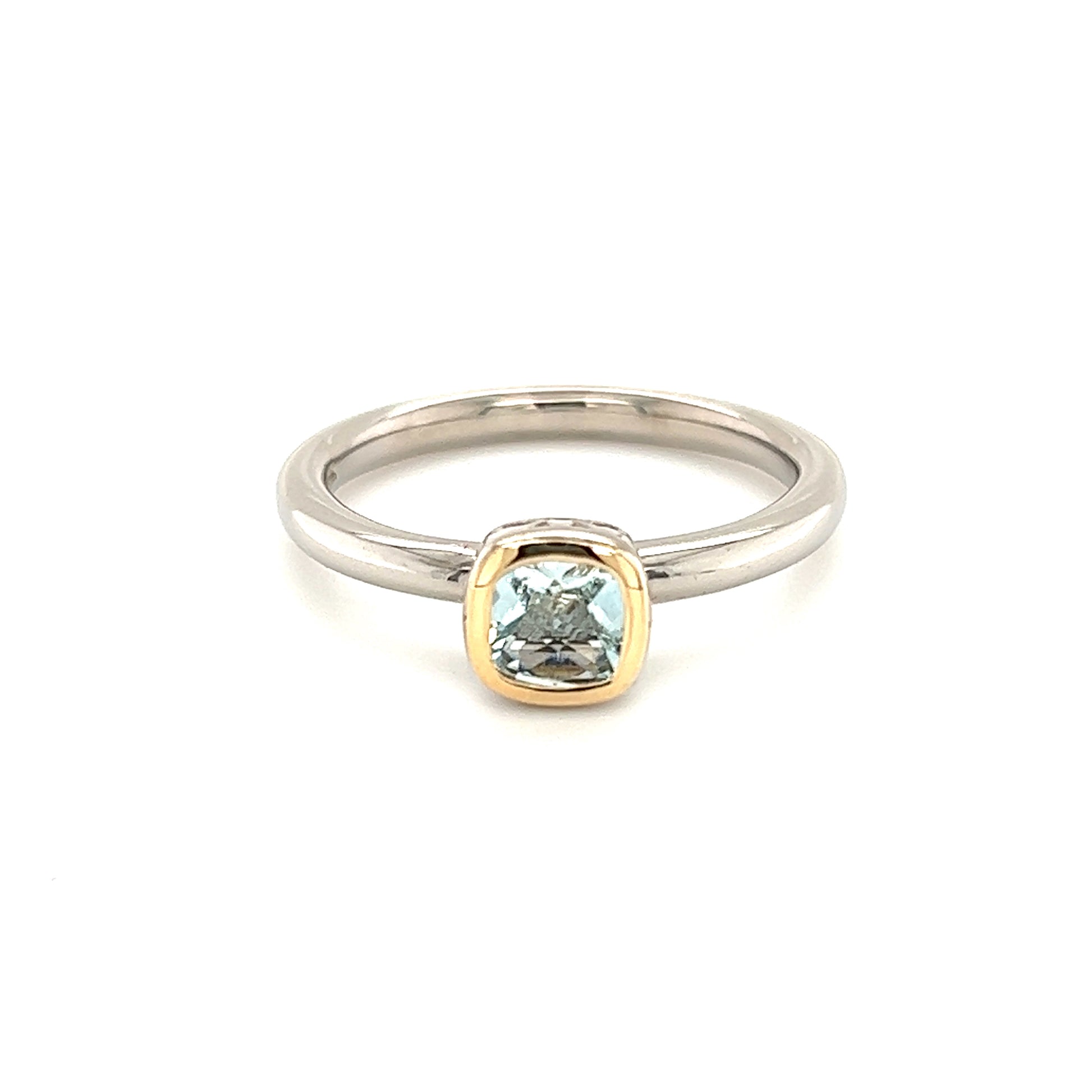 Cushion Aquamarine Ring in Sterling Silver with 14K Yellow Gold Accent Front Top View