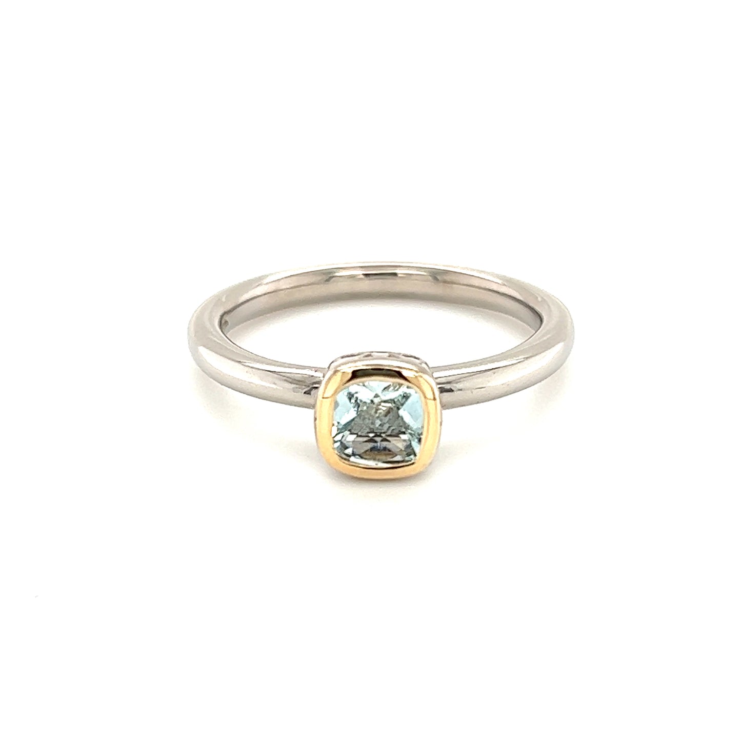 Cushion Aquamarine Ring in Sterling Silver with 14K Yellow Gold Accent Front Top View