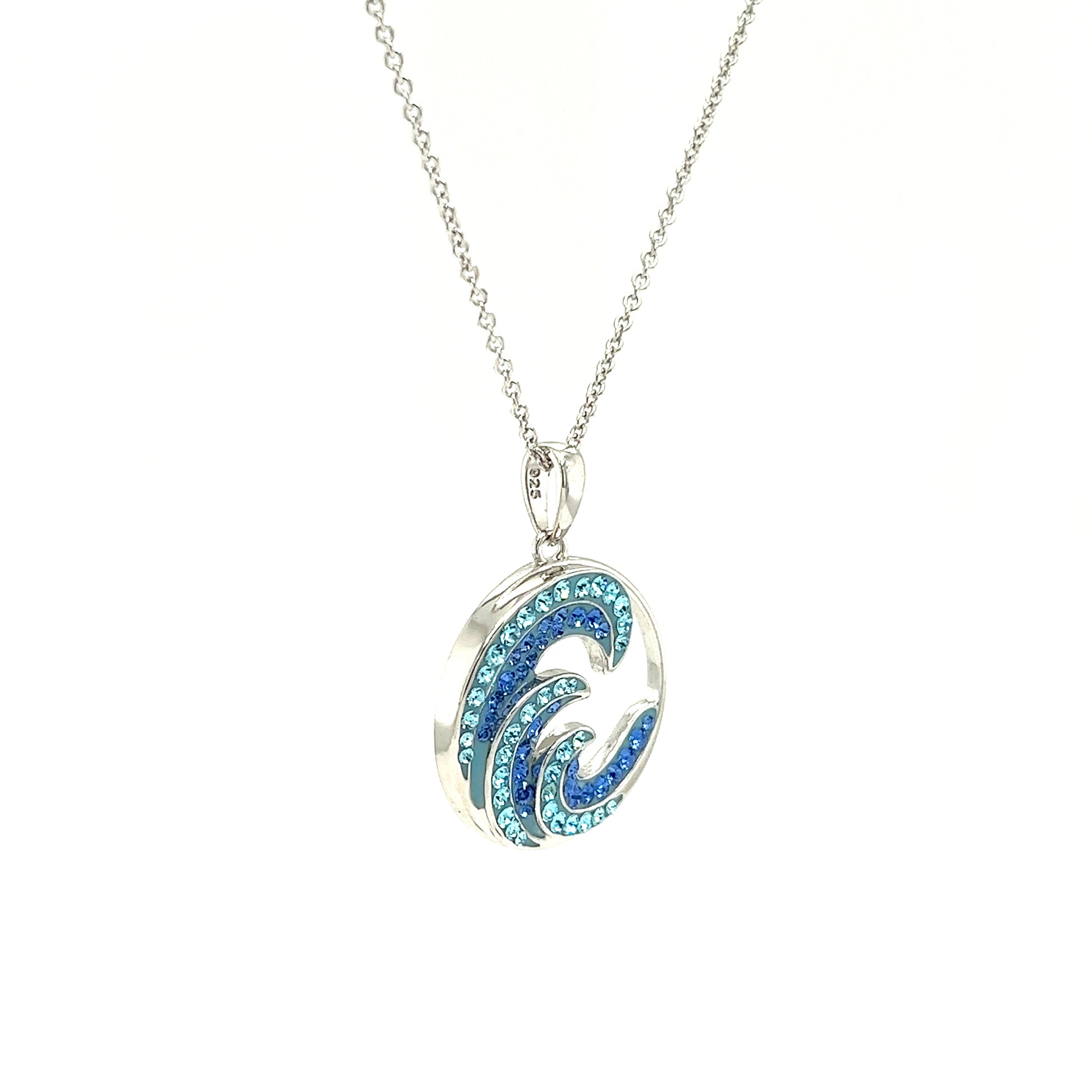 Wave Necklace with Blue and Aqua Crystals in Sterling Silver Left Side View