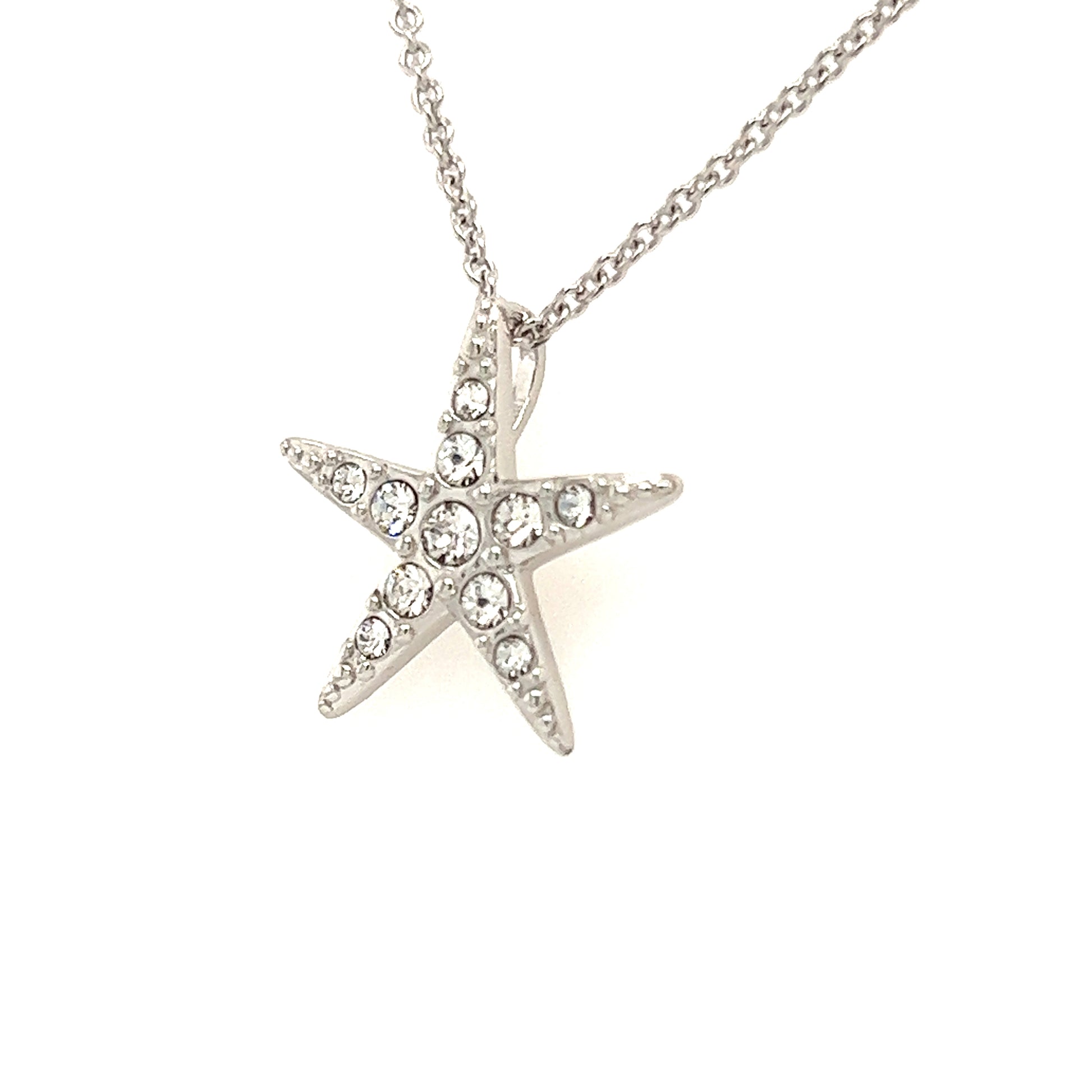 Small Starfish Necklace with White Crystals in Sterling Silver Left Side View