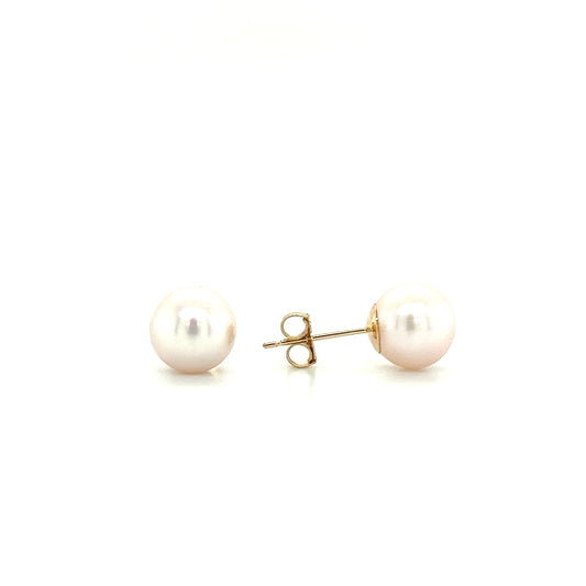 Pearl 8mm Stud Earrings in 14K Yellow Gold Front and Left Side View
