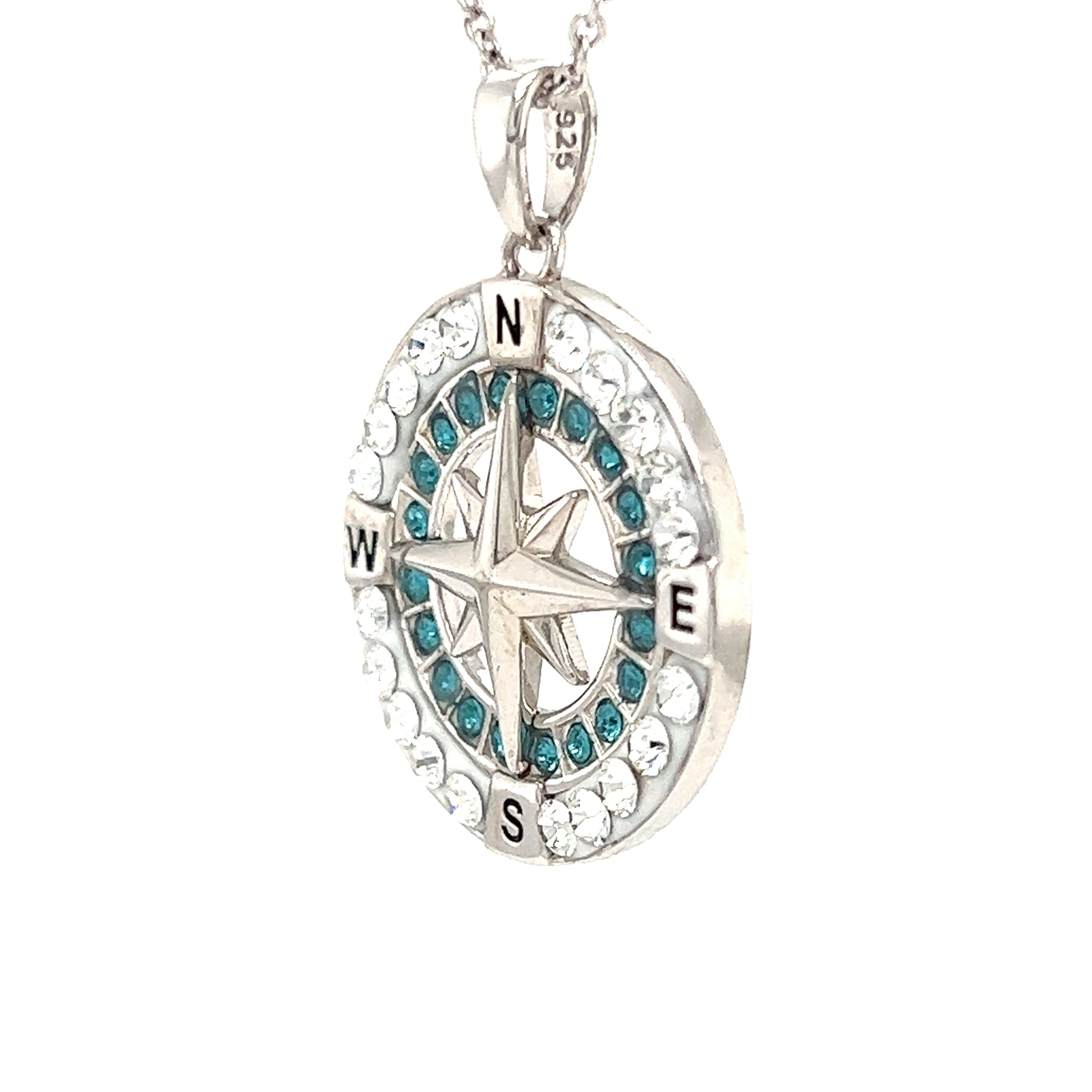 Compass Necklace with Aqua and White Crystals in Sterling Silver Left Side View