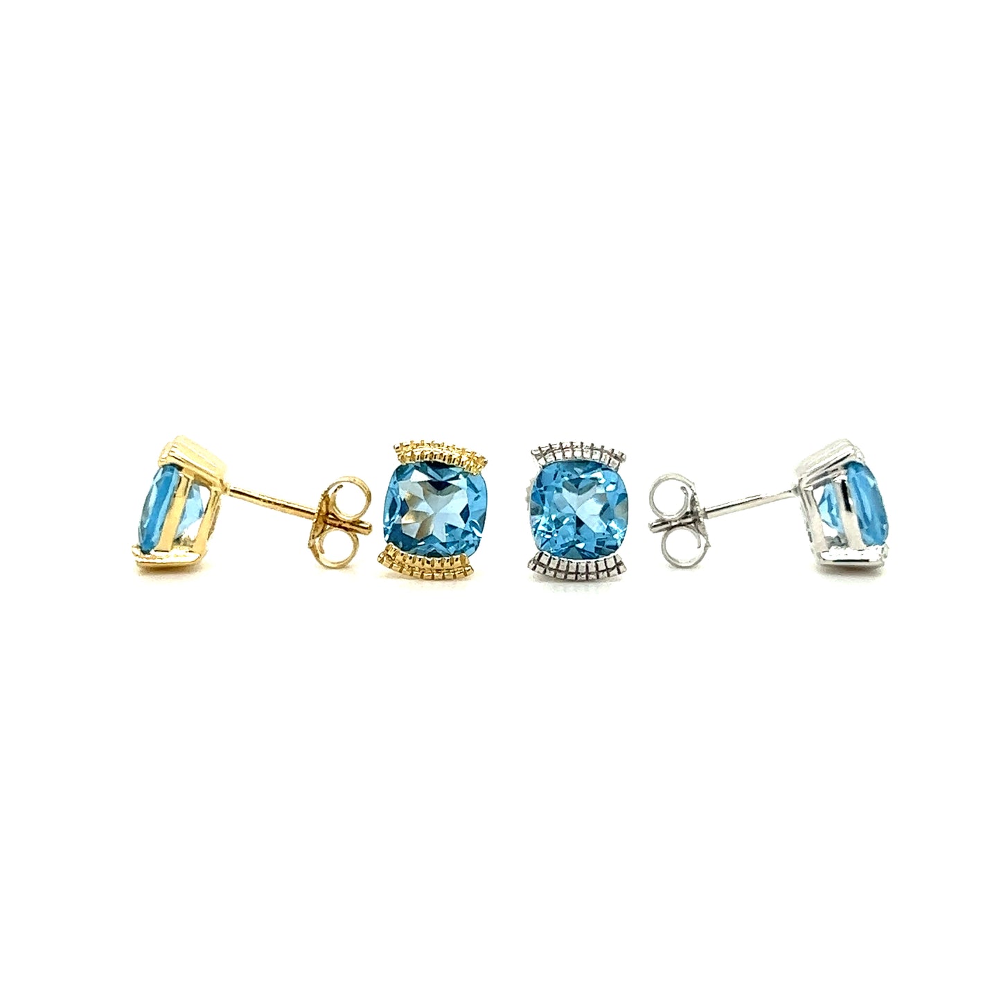 Cushion Blue Topaz Stud Earrings with 1.78ctw of Swiss Blue Topaz in 14K Gold Front and Side View