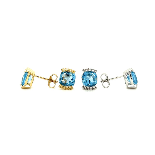 Cushion Blue Topaz Stud Earrings with 1.78ctw of Swiss Blue Topaz in 14K Gold Front and Side View