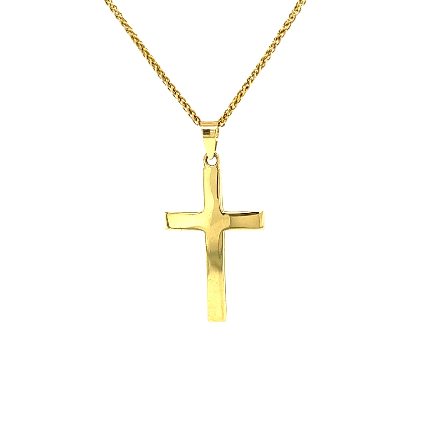 Flat Cross Pendant in 14K Yellow Gold Pendant and Chain Front View