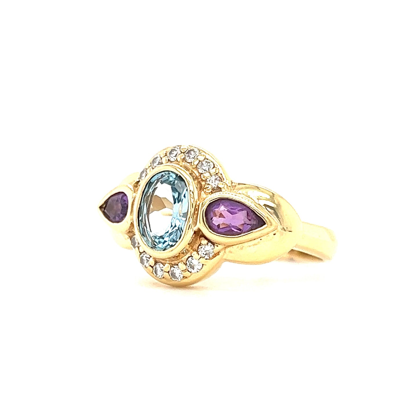 Blue Topaz Ring with Side Amethysts and Diamonds in 14K Yellow Gold Left Side View