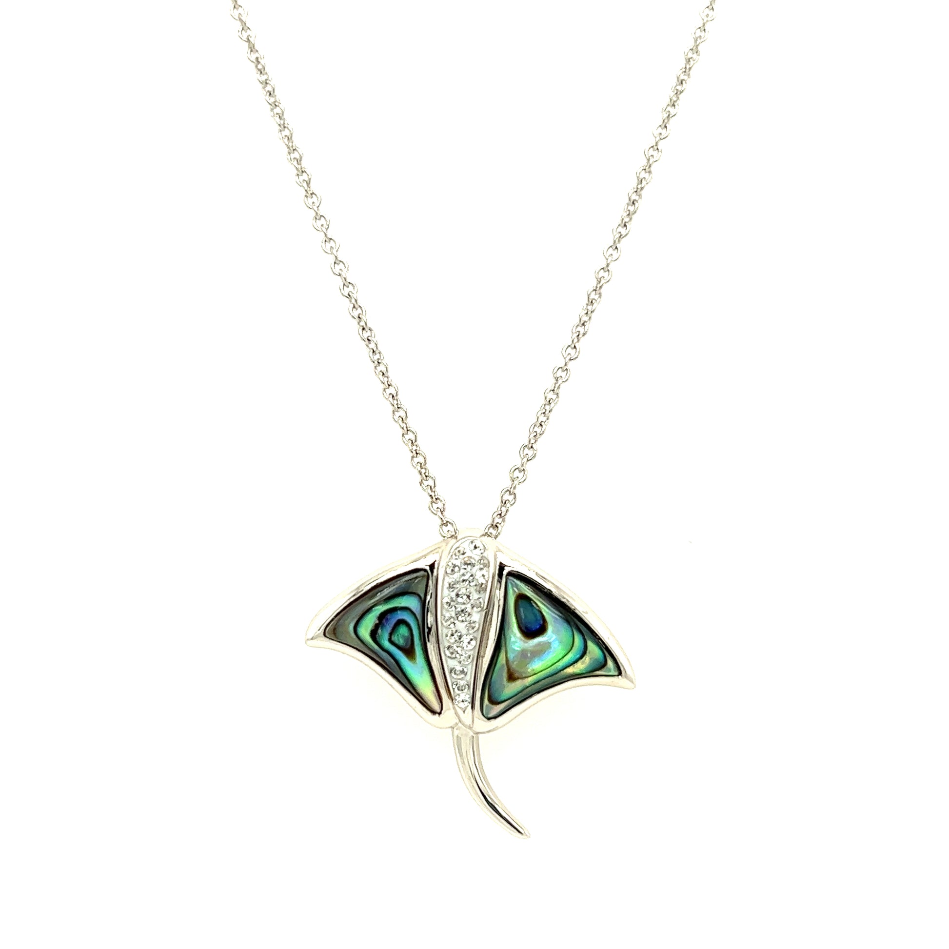 Manta Ray Necklace with Abalone Shell and White Crystals in Sterling Silver Front View