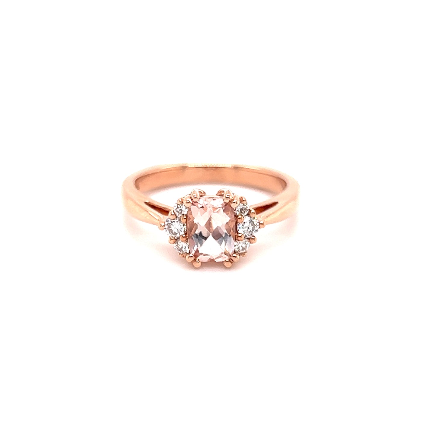 Elongated Cushion Morganite Ring with Six Side Diamonds in 14K Rose Gold Front View