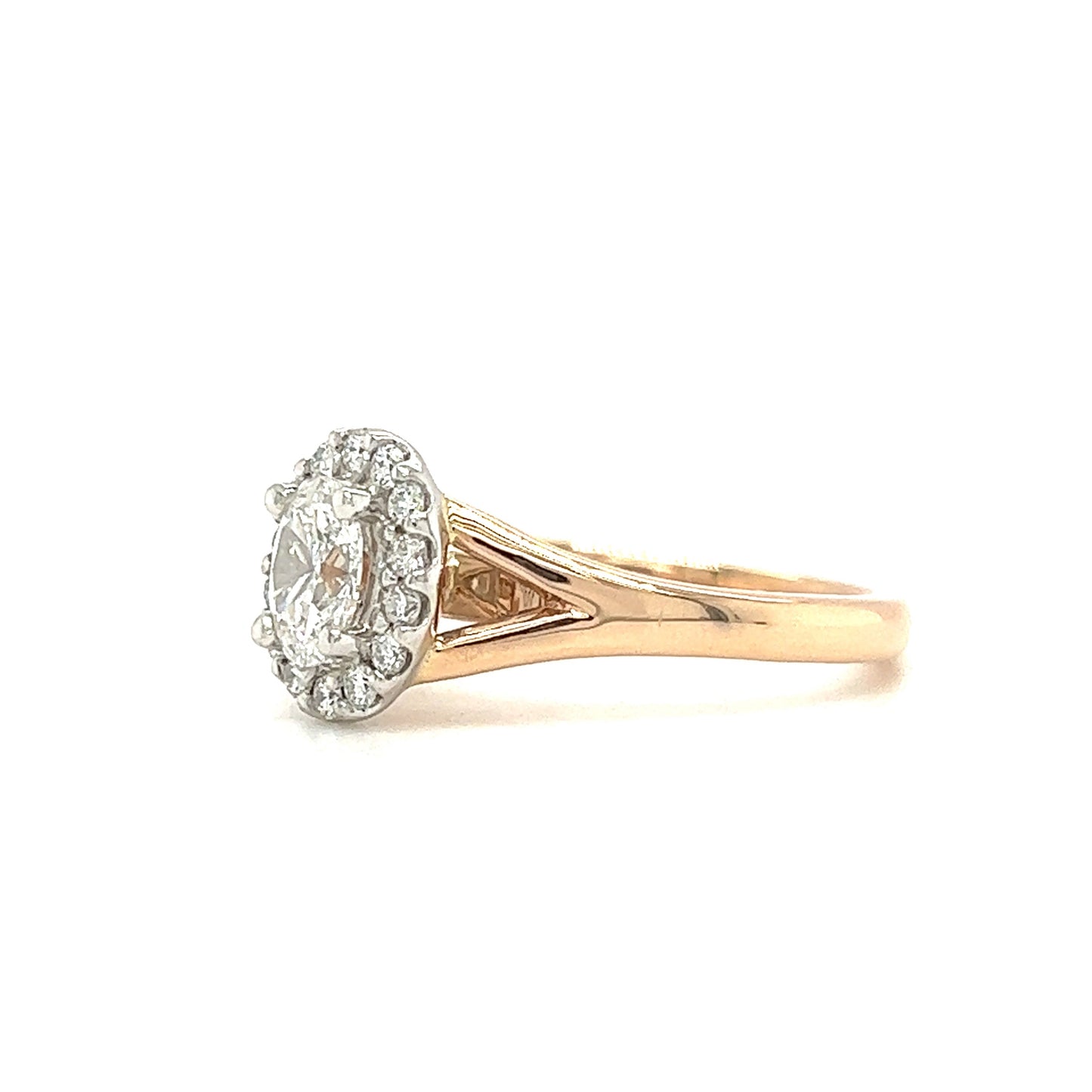 Oval Diamond Ring with Diamond Halo in 14K Rose Gold Left Side