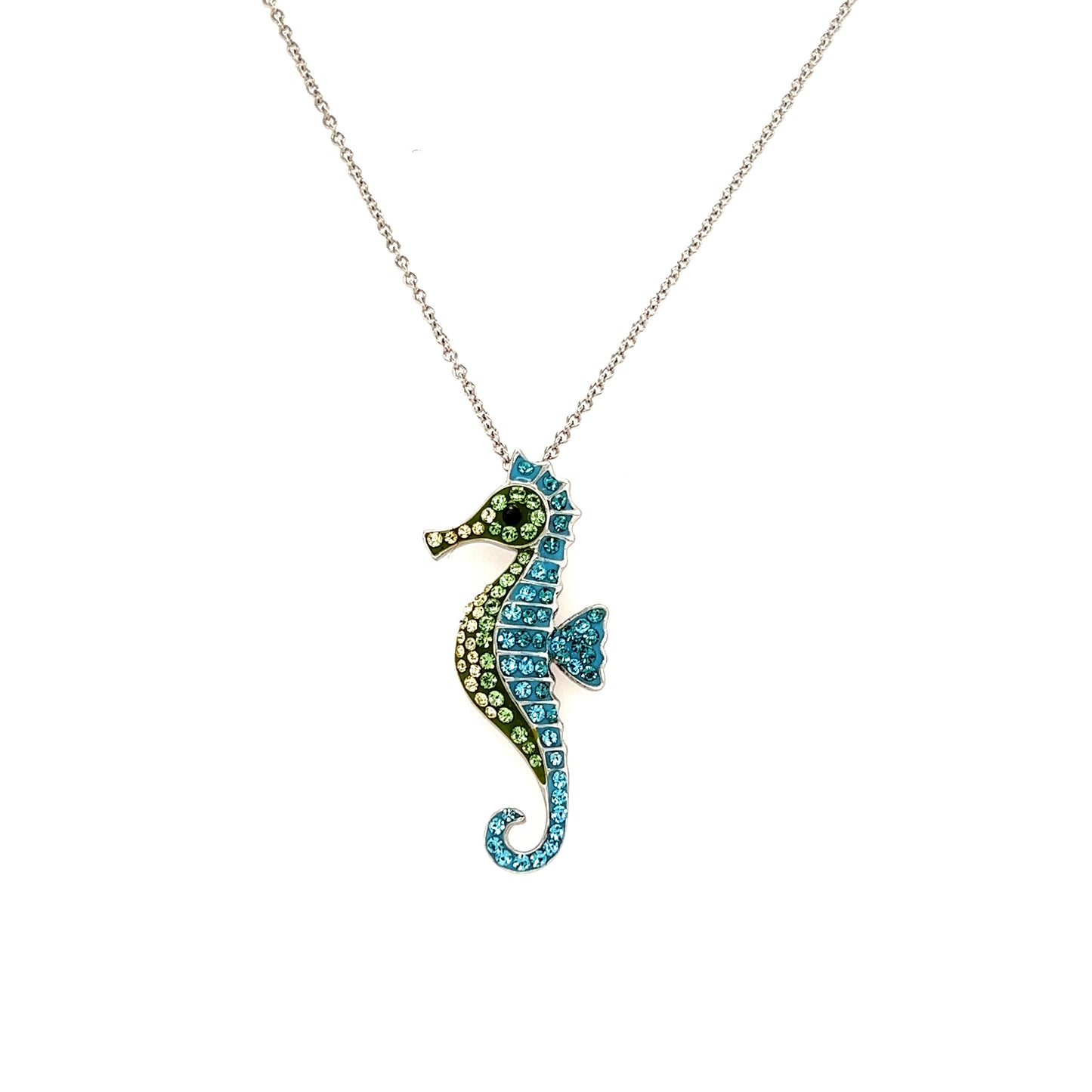 Seahorse Necklace with Multicolor Crystals in Sterling Silver Front View